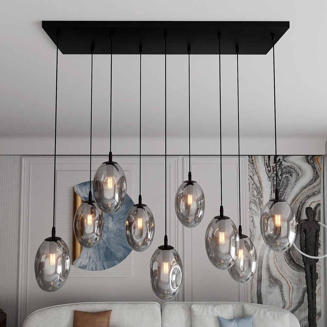 Astral 9-light pendant, black, graphite glass