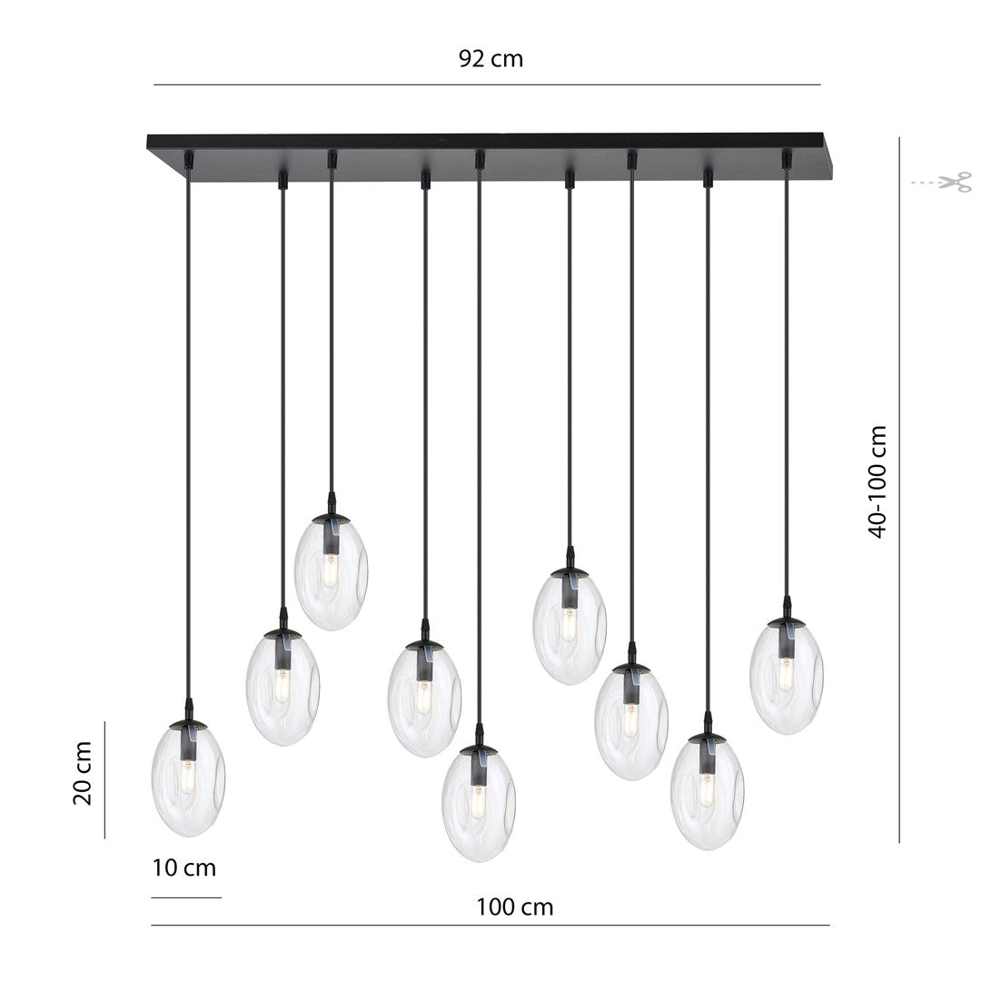 Astral 9-light pendant, black, transparent glass