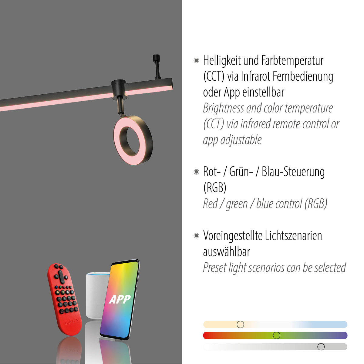 Détail du luminaire et de ses réglages CCT, RGB, scénarios via télécommande ou application.