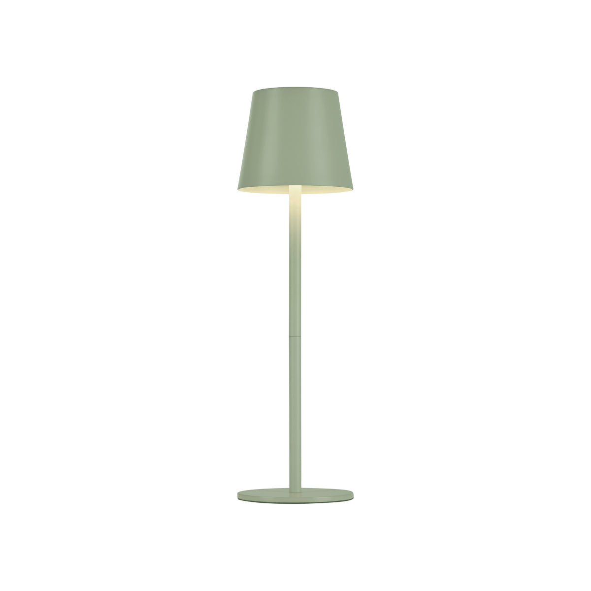 Lampe à poser verte de face, abat-jour conique et socle rond sur fond blanc.