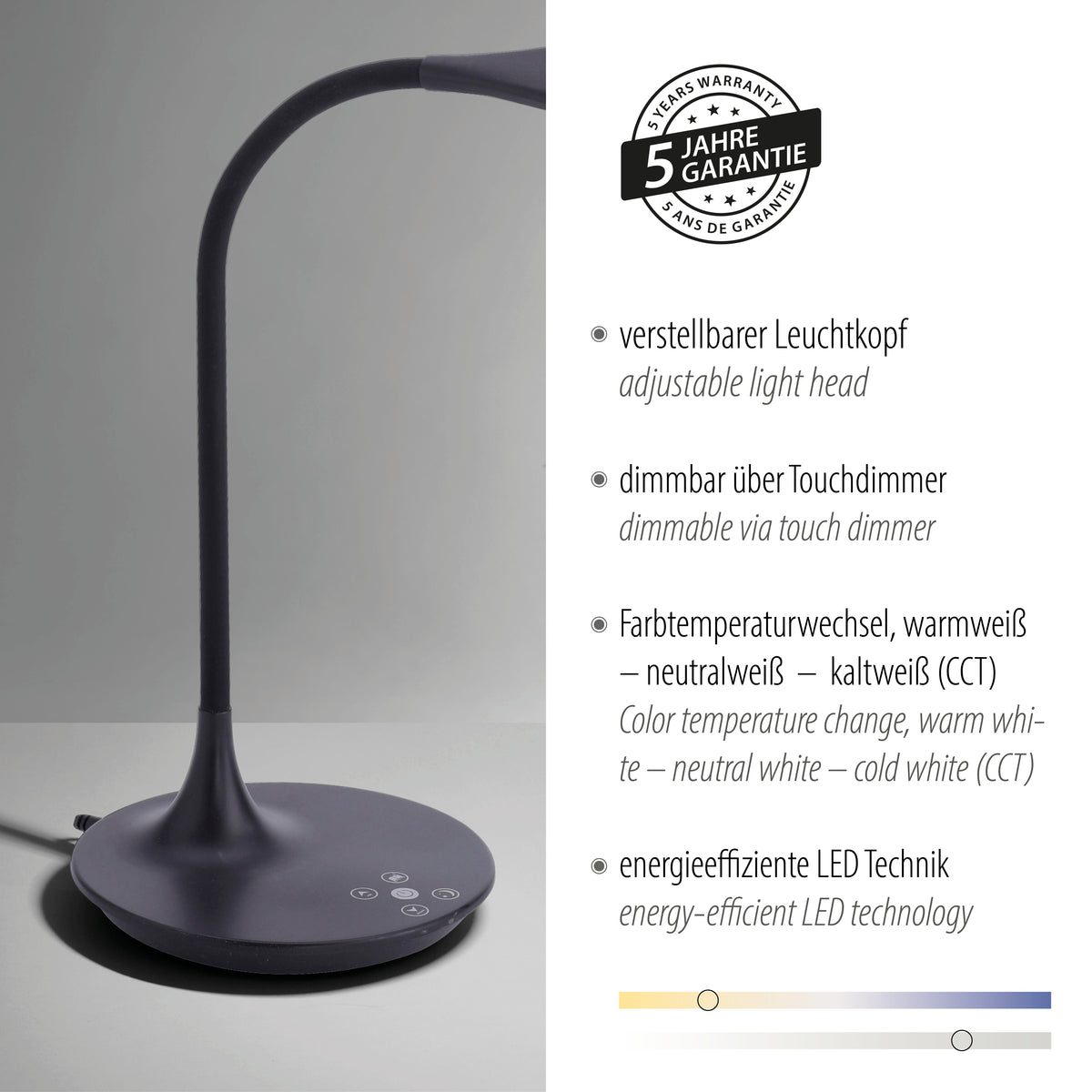 Fiche technique avec badge cinq ans de garantie, tête orientable et variateur tactile.
