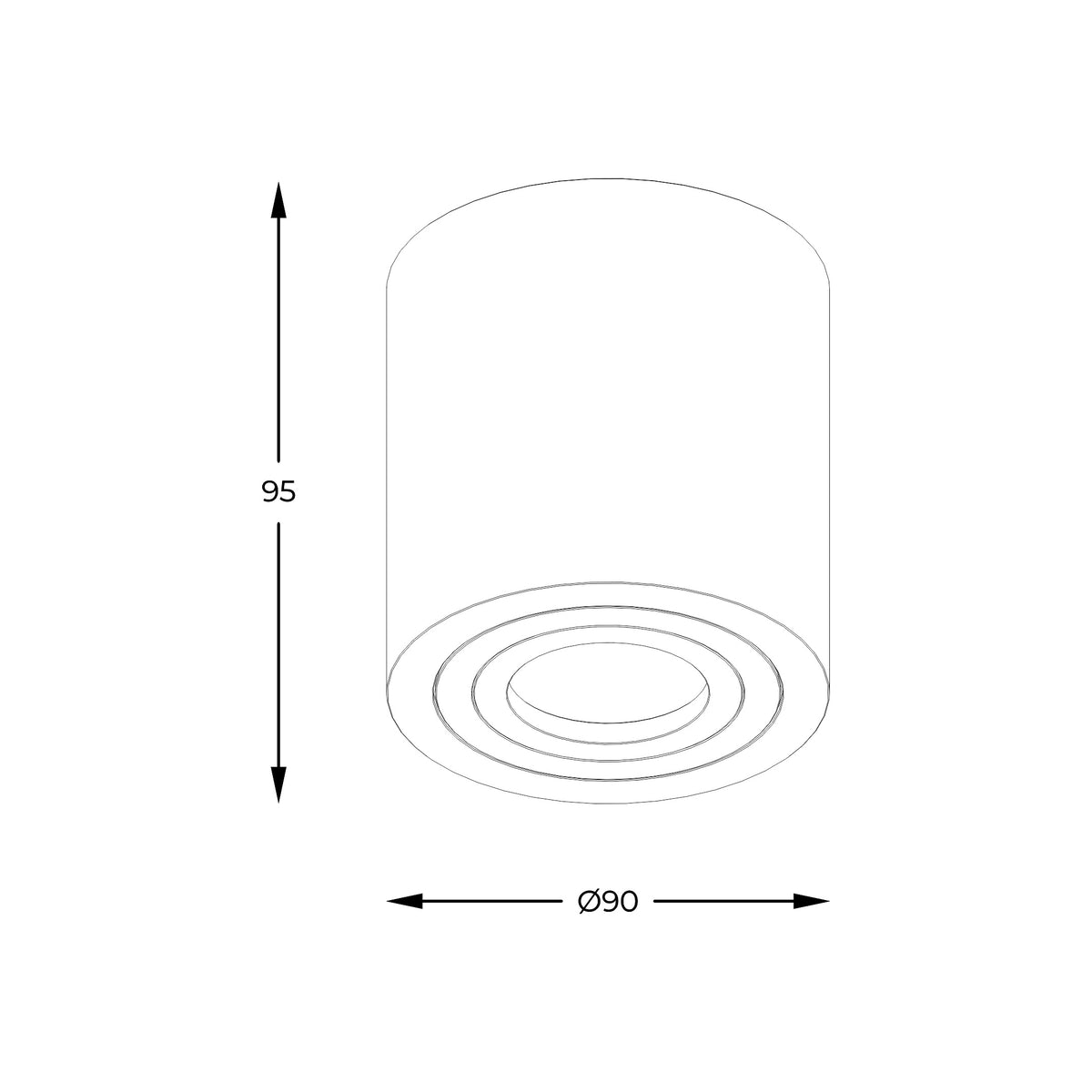 Schéma de dimensions du luminaire : 95 mm de haut, 90 mm de diamètre.