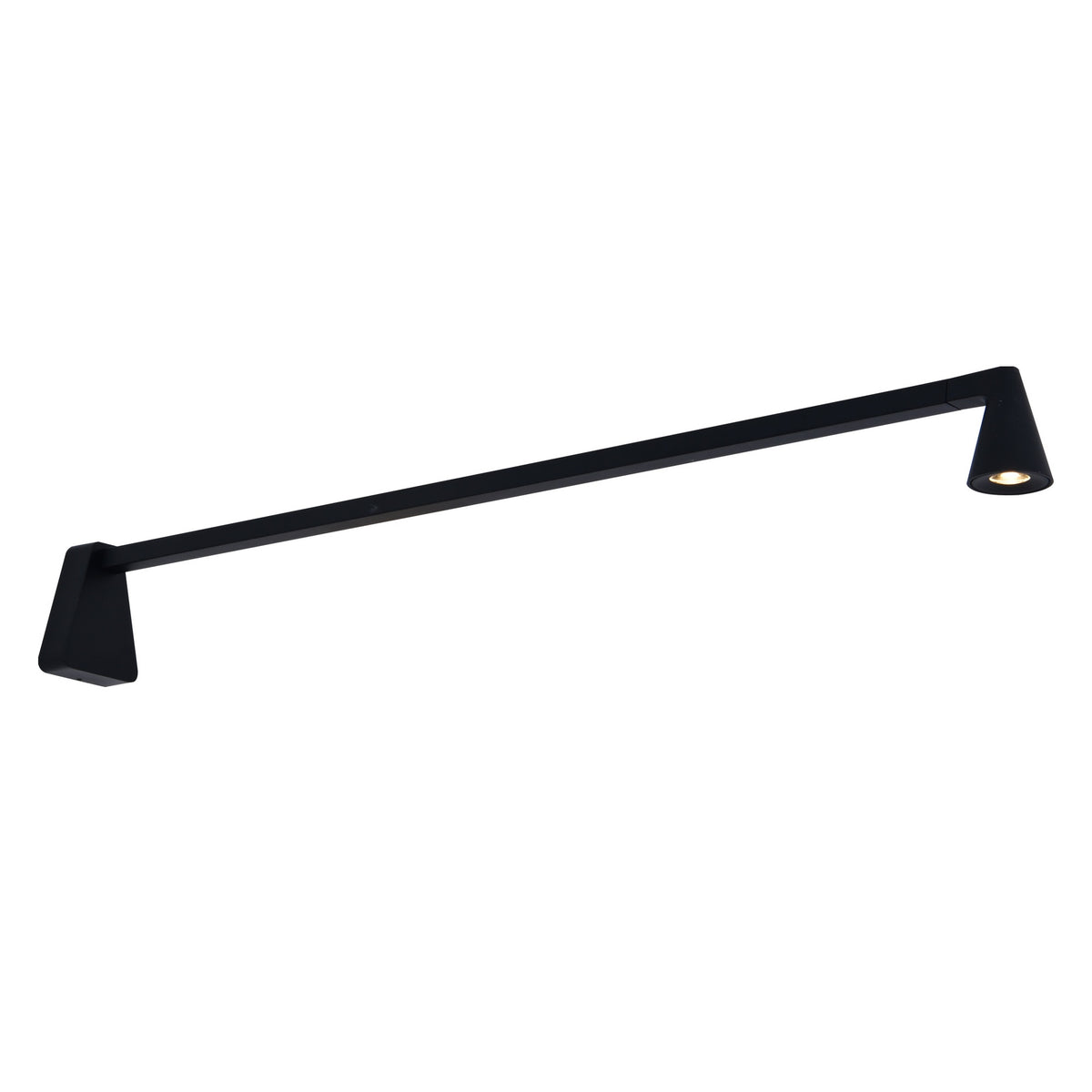 Applique murale noire avec long bras horizontal et spot orientable en bout.