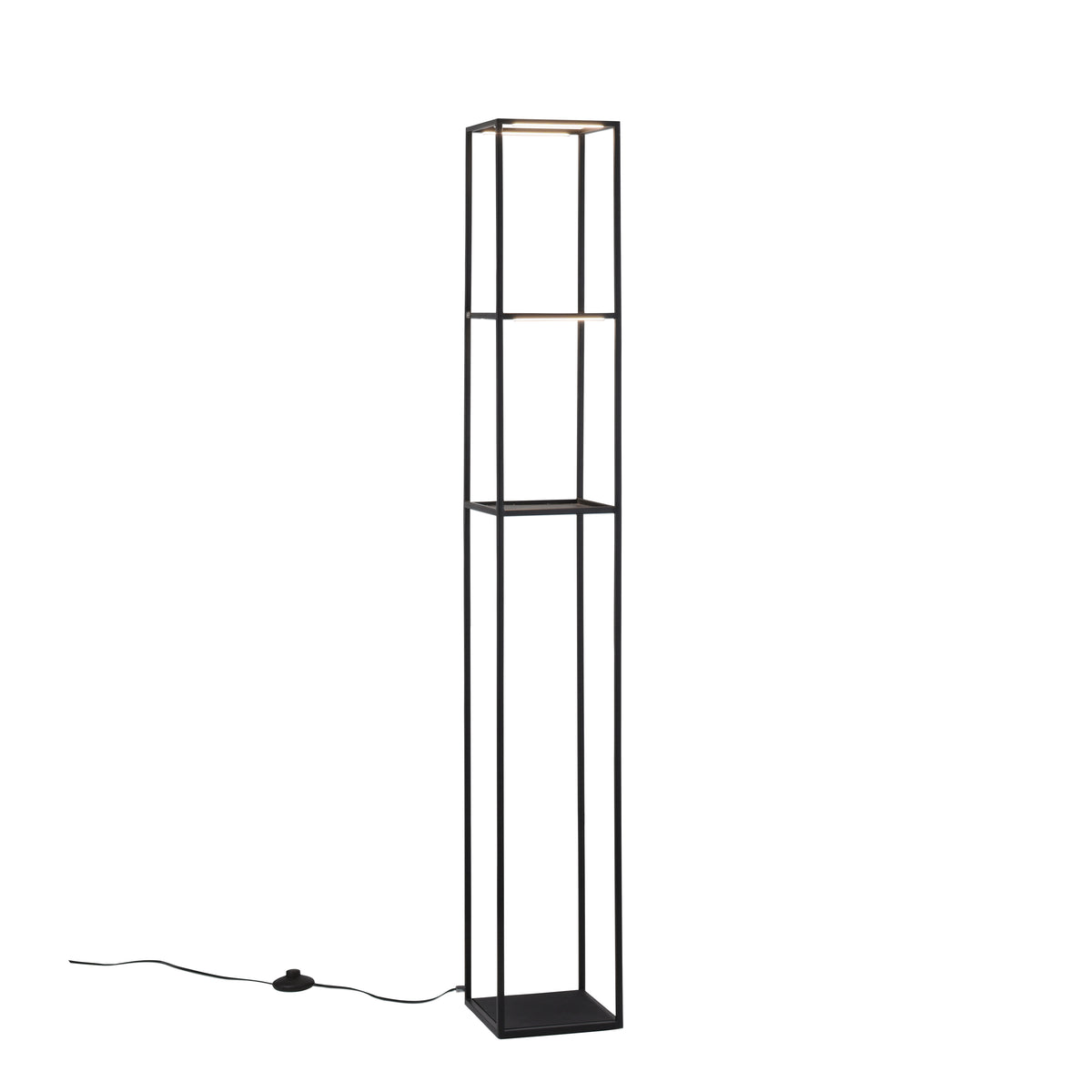 Vue de trois quarts du lampadaire noir sur fond blanc, montrant sa structure rectangulaire.