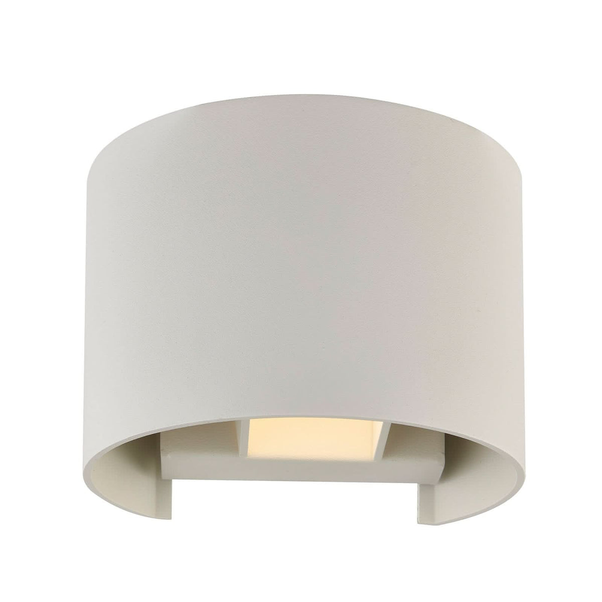 Vue de face du luminaire blanc sur fond neutre, forme cylindrique ouverte.