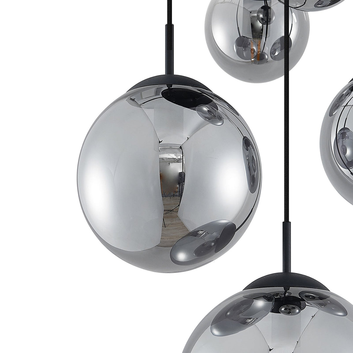 Suspension Teeja en verre, gris fumée et noir, 5 lumières, Ø 50 cm