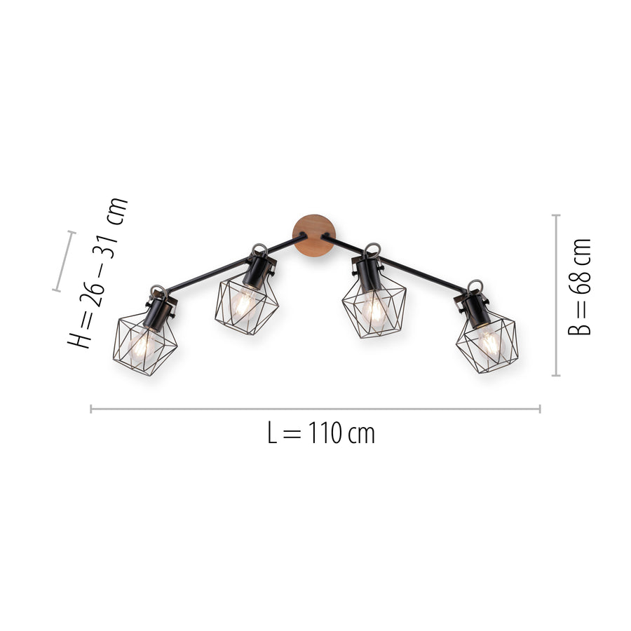 Plafonnier Jaro 4 lumières noir et bois