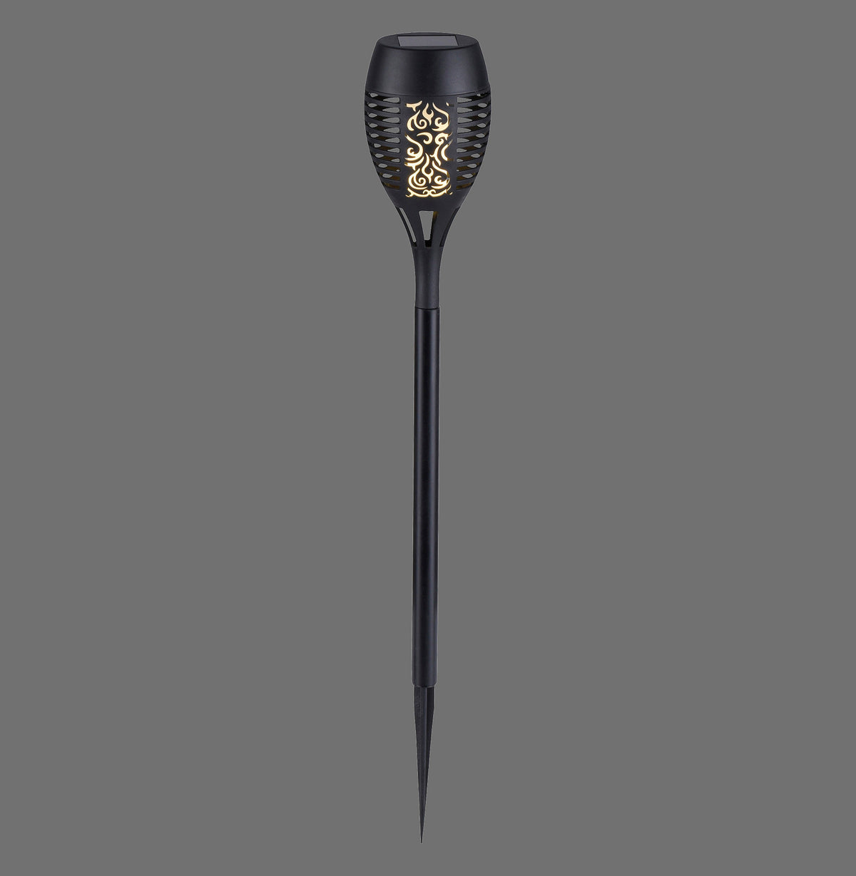 Piquet lumineux solaire noir de face sur fond gris, avec pique et tête décorative.