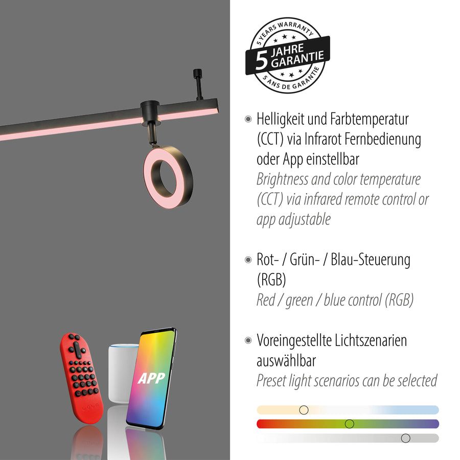 Vue rapprochée du luminaire avec badge garantie cinq ans et fonctions CCT RGB.