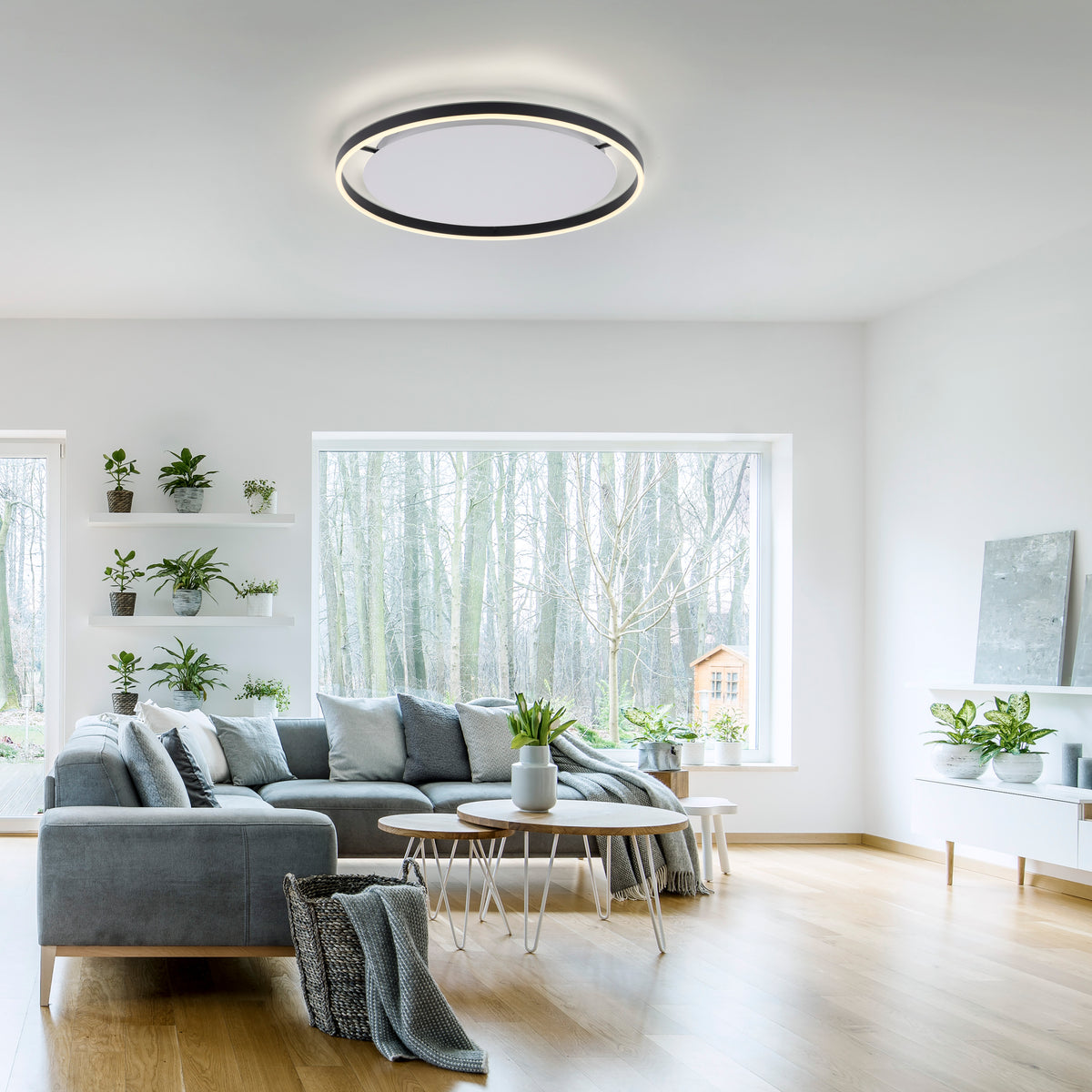 Mise en situation dans un salon moderne, plafonnier allumé fixé au plafond.