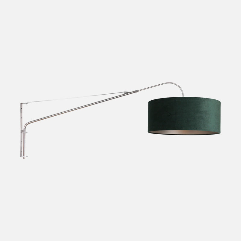 Green velvet lampshade wall light, large offset steel arm Ø 50 cm | Verel