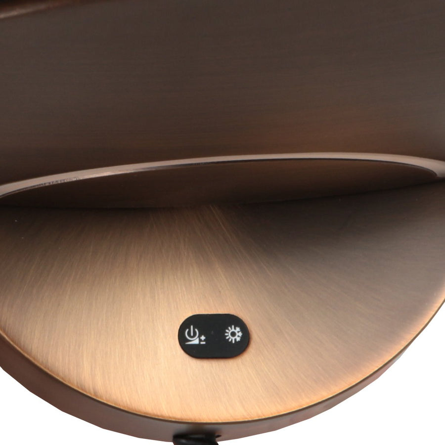 Détail du boîtier de commande noir avec icônes d’alimentation et luminosité sur le bronze.