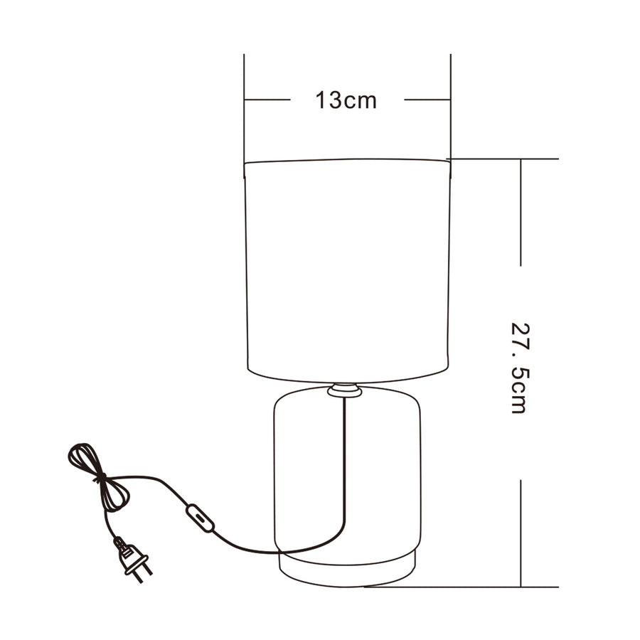 Schéma coté de la lampe : hauteur 27,5 cm, abat-jour 13 cm, câble et fiche