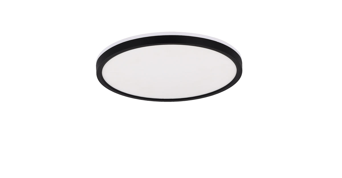 Plafonnier rond vu de face, cadre noir fin et diffuseur blanc opale