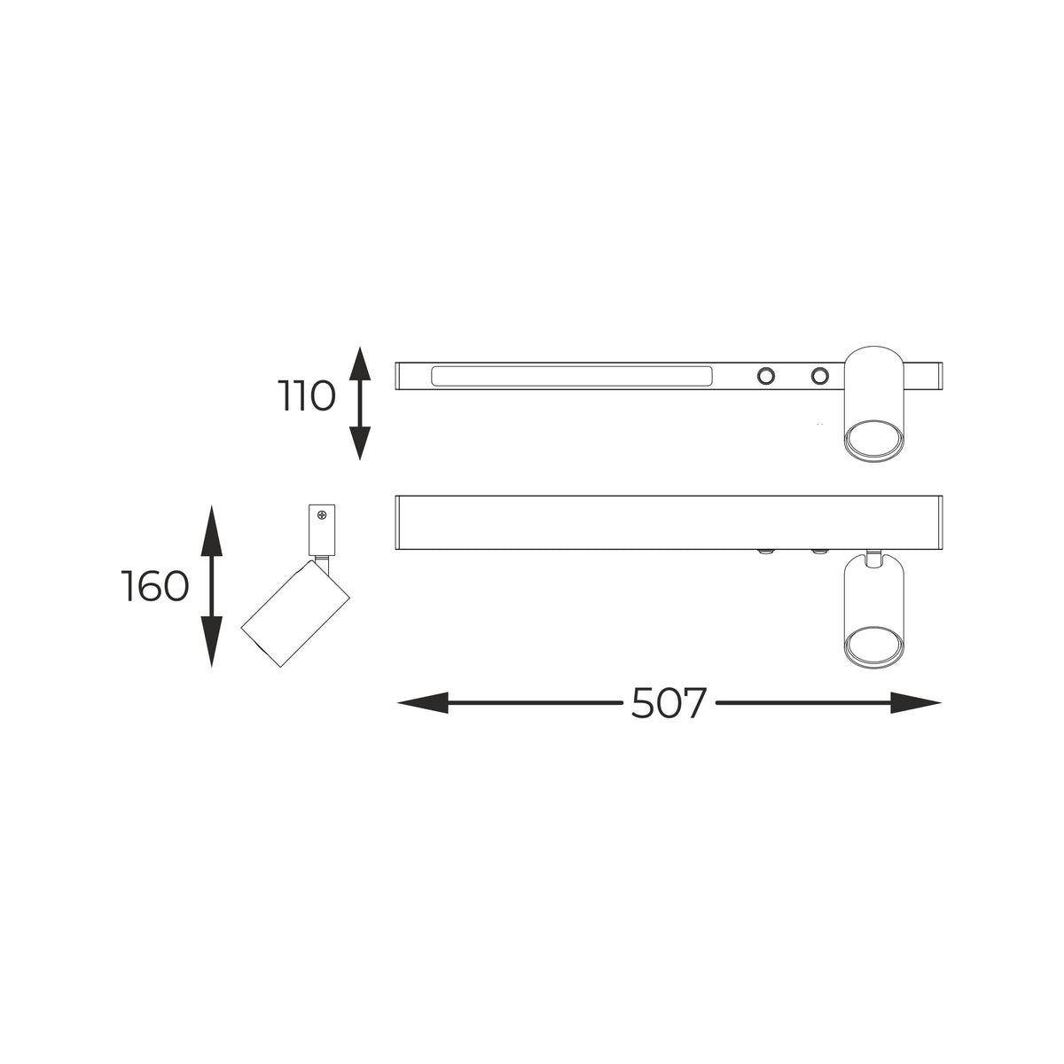 Schéma de dimensions de l'applique avec largeur 507 mm et hauteur 160 mm.