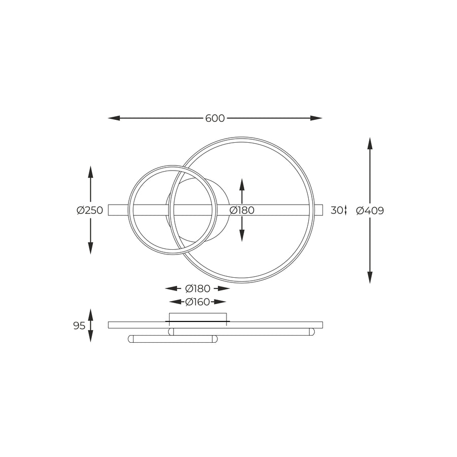Schéma de dimensions du plafonnier avec diamètres des anneaux et hauteur