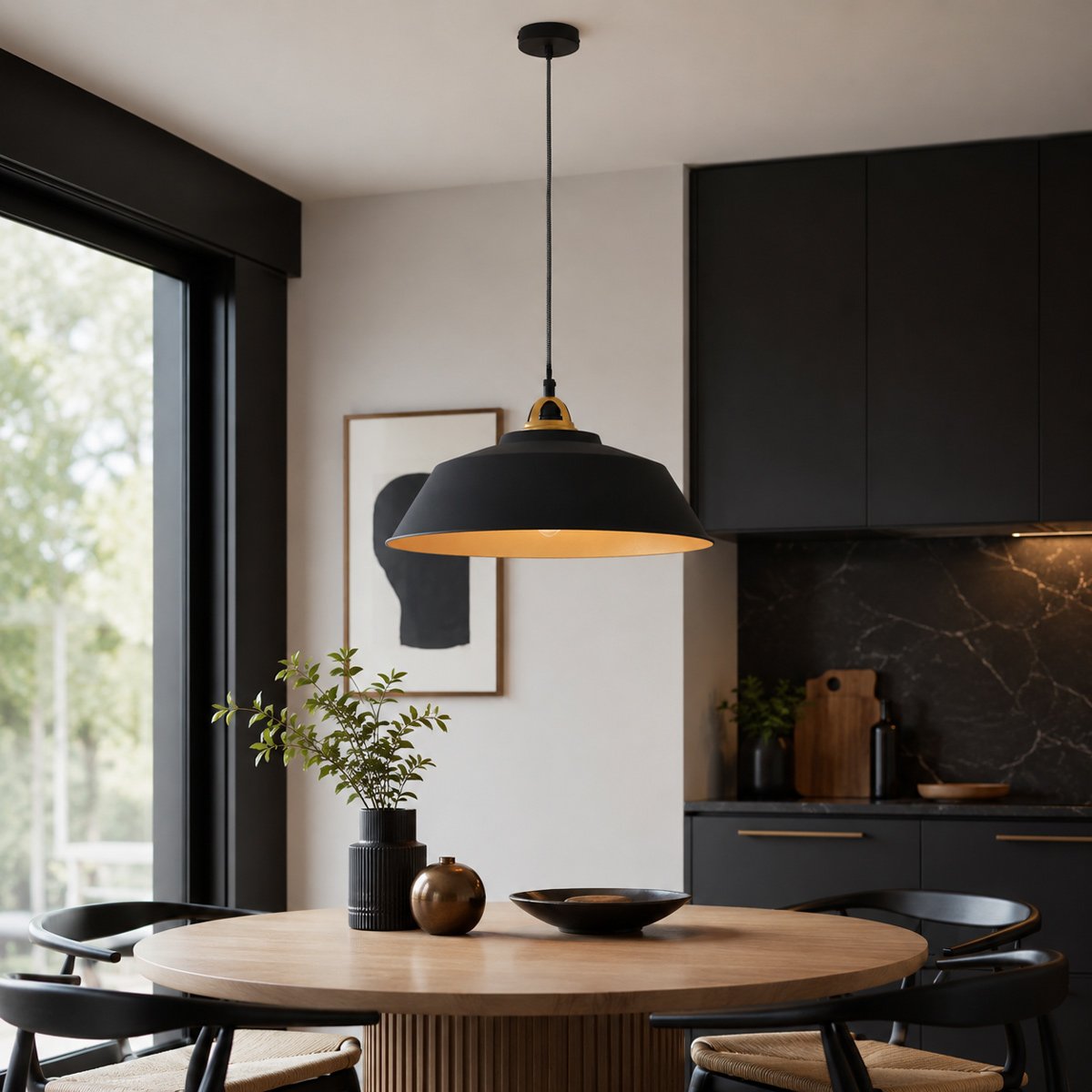 Lustre noir et doré, abat-jour Ø 42 cm à hauteur réglable, salon | Novéa