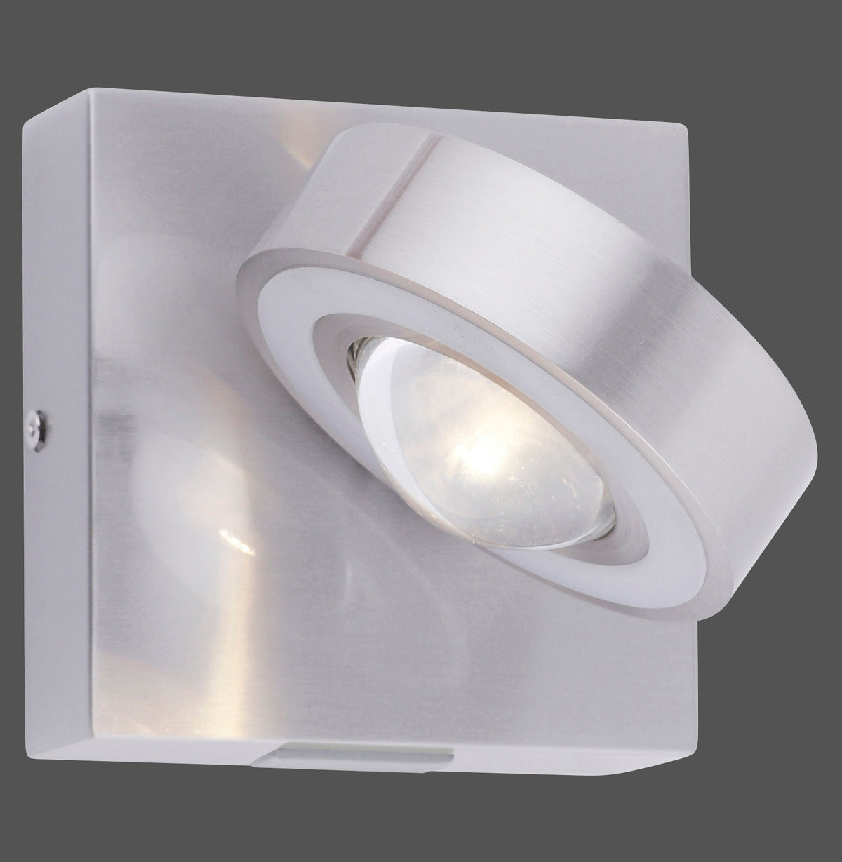 Applique murale en aluminium brossé avec projecteur rond orientable et verre clair