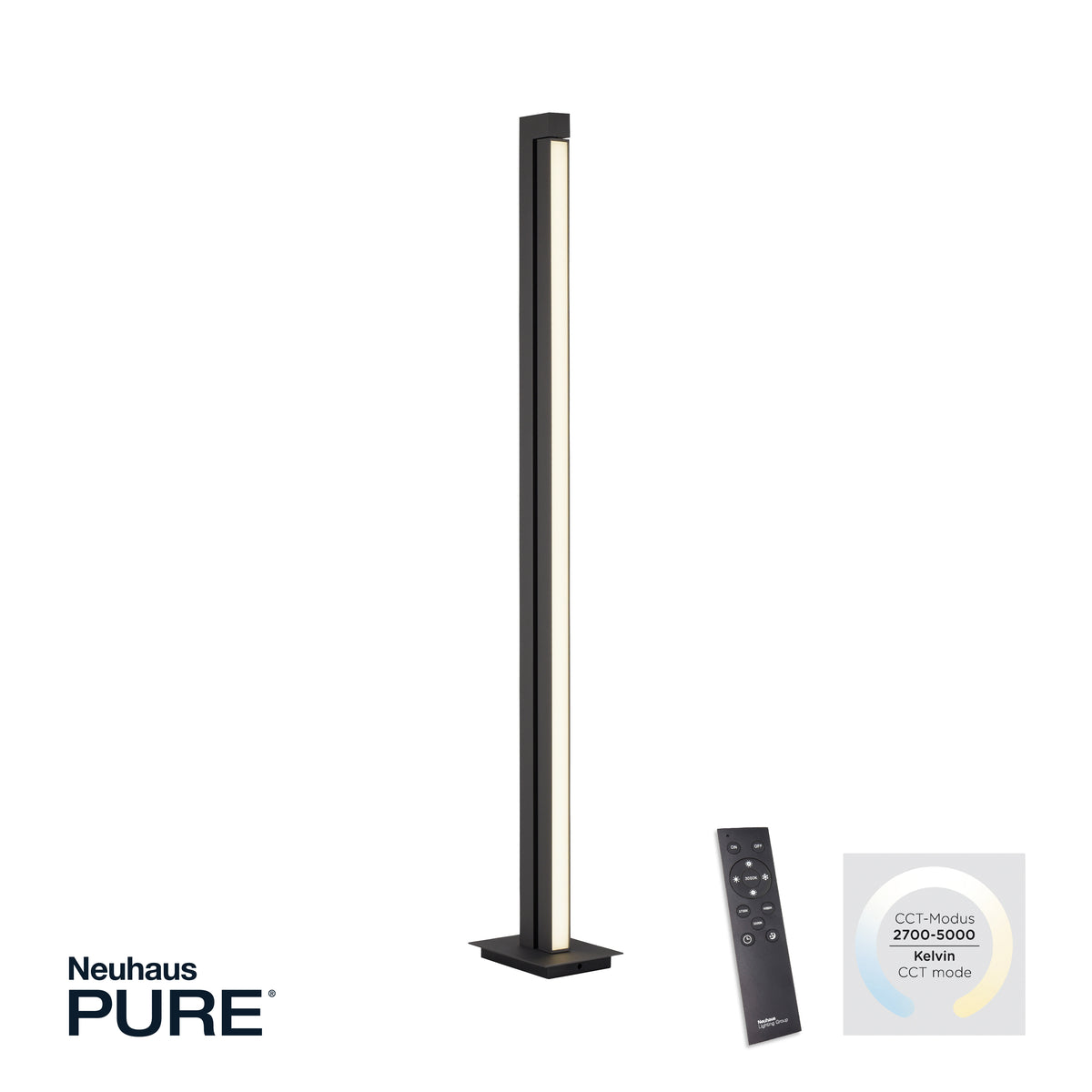 Vue du lampadaire avec sa télécommande et le mode CCT 2700 à 5000 Kelvin