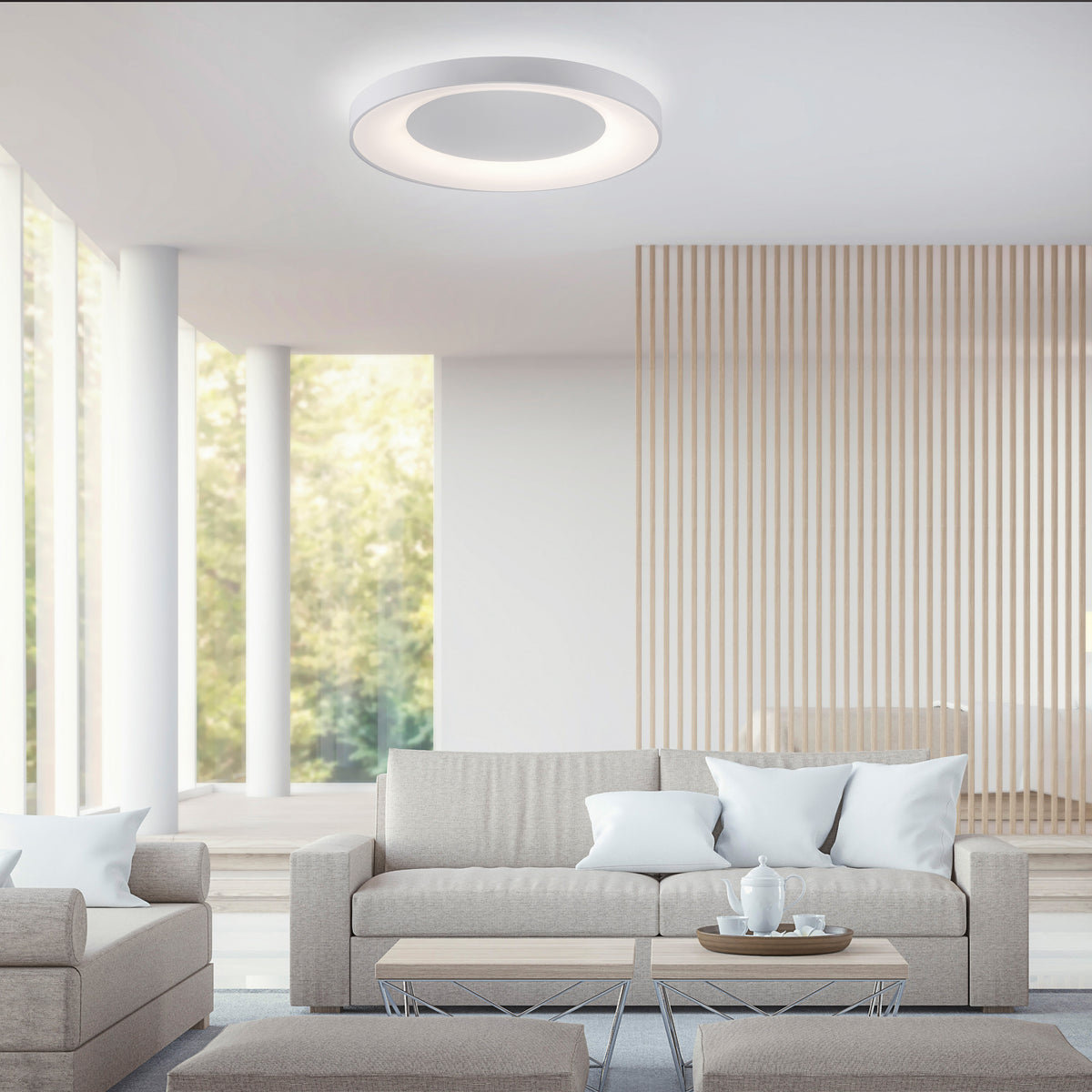 Mise en ambiance du luminaire fixé au plafond d'un salon contemporain très clair