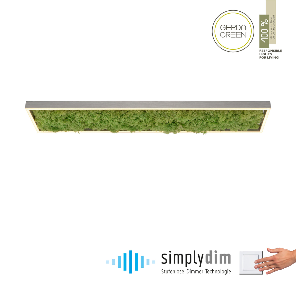 Vue de face du luminaire sur fond blanc, logos écologiques et variateur intégré.