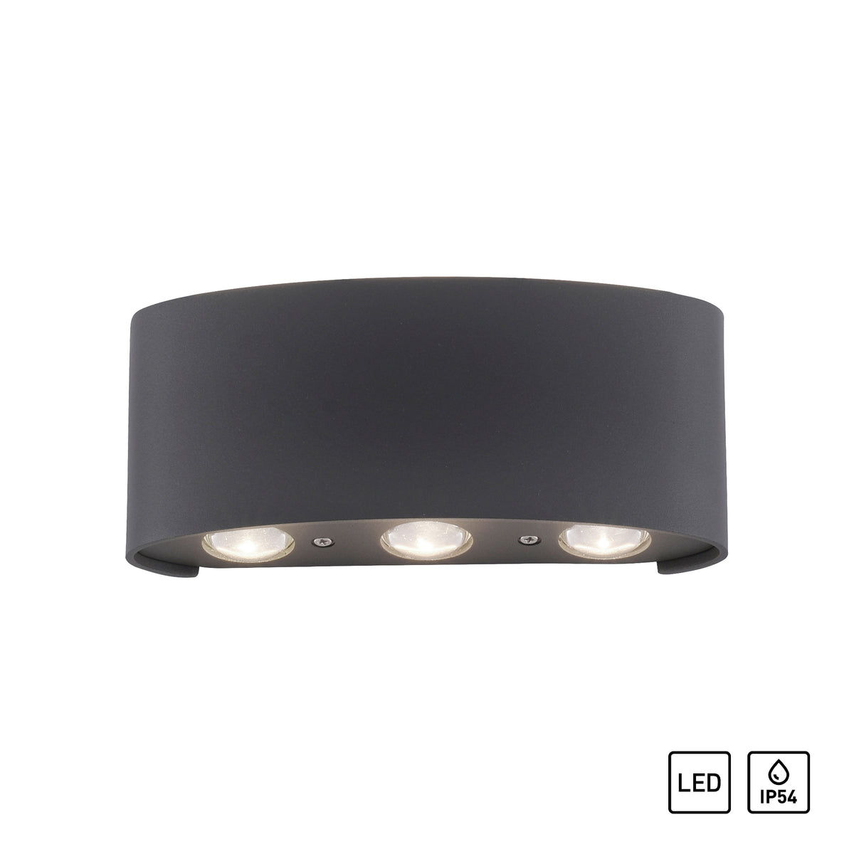 Produit isolé sur fond blanc, trois optiques allumées et pictogrammes LED IP54