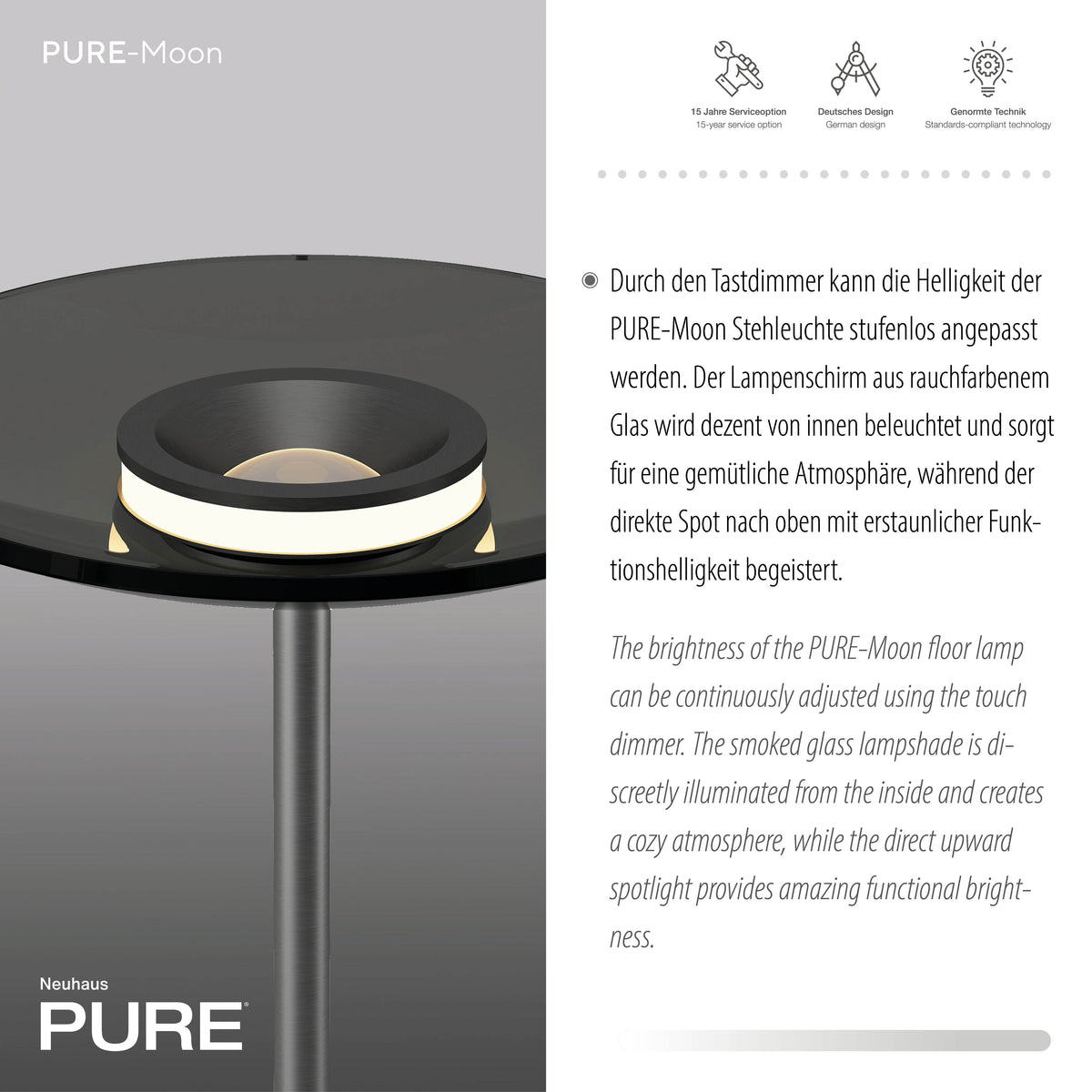 Visuel marketing détaillant le variateur tactile et l'éclairage indirect du lampadaire