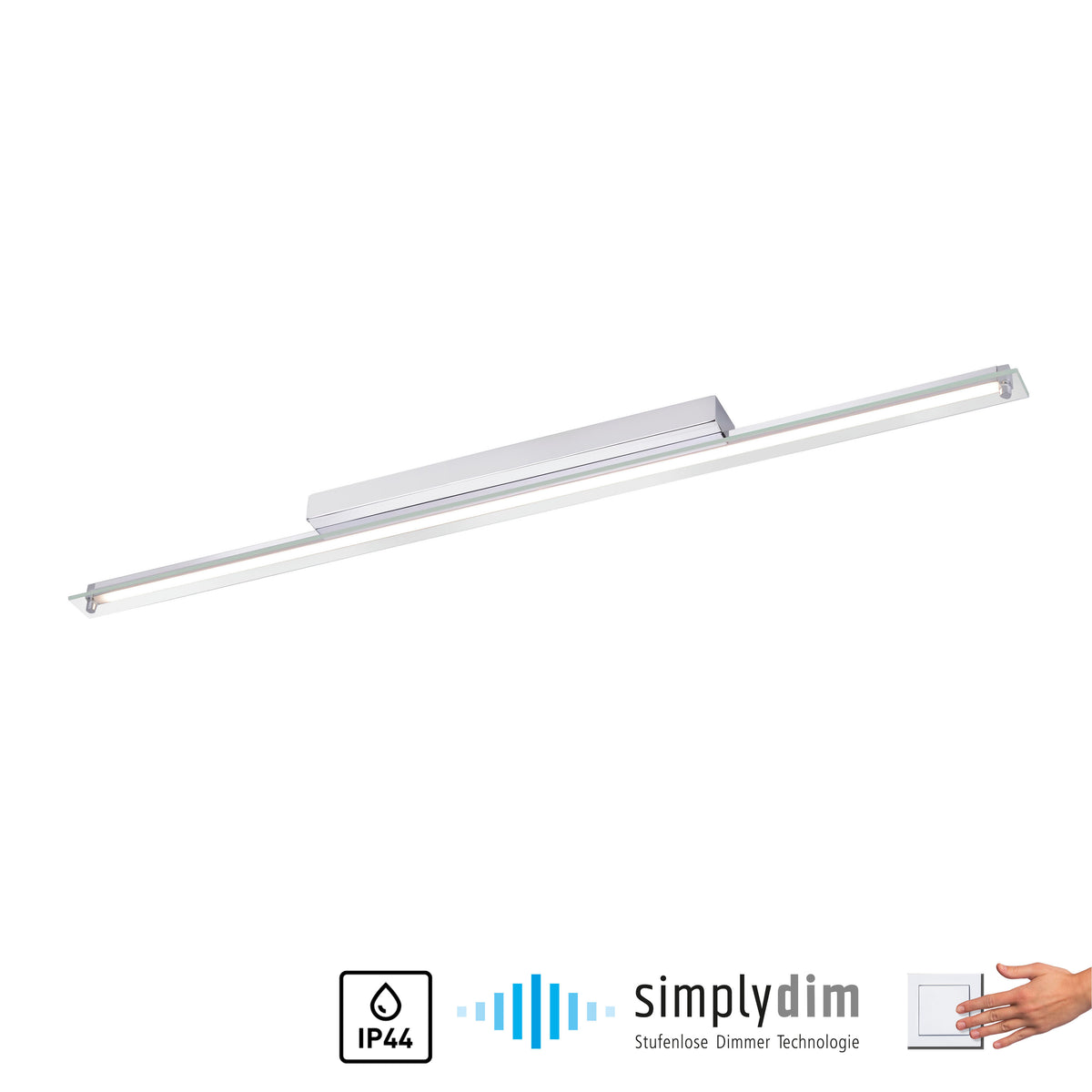 Vue inclinée du luminaire avec pictogrammes IP44 et variateur progressif