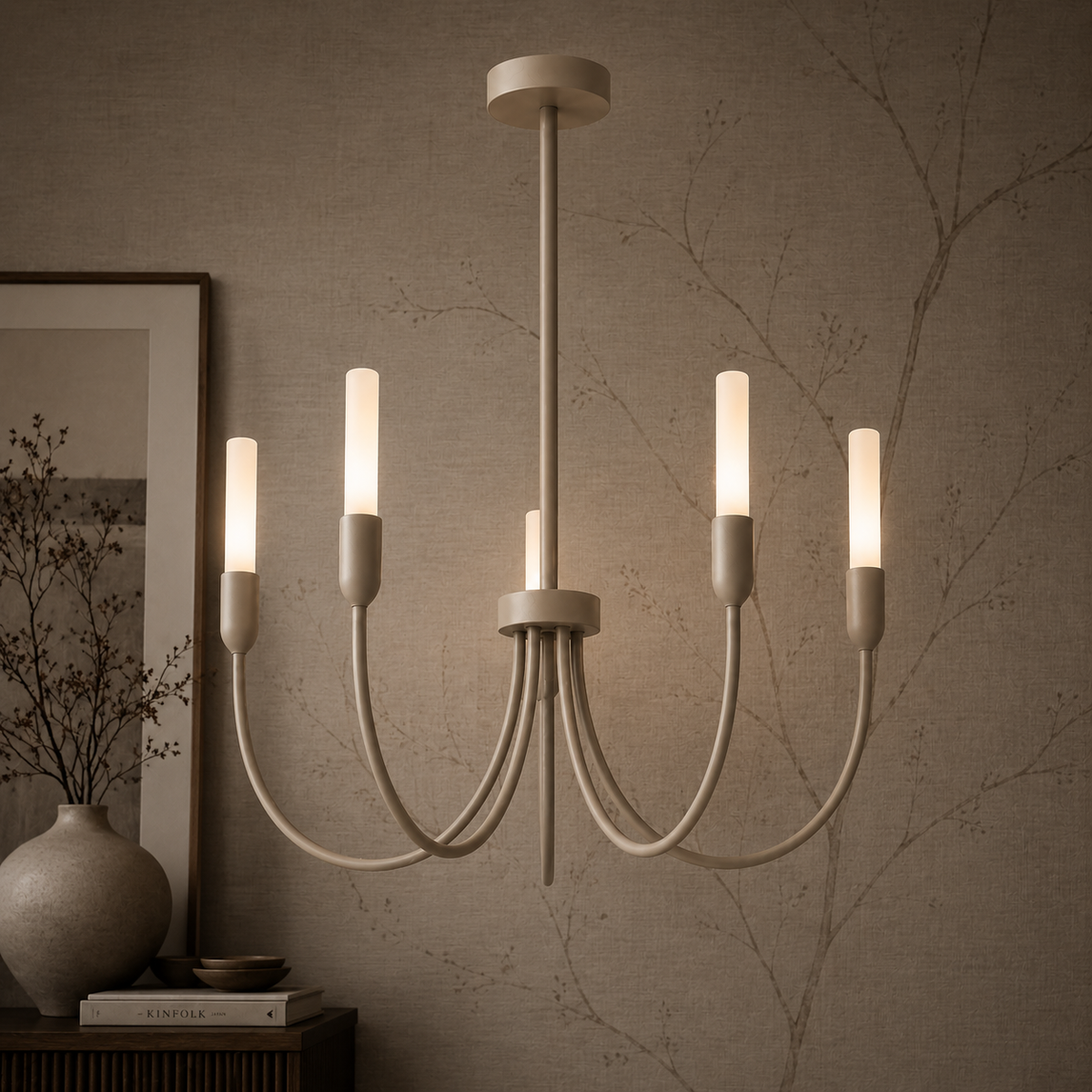 Mise en ambiance du lustre beige allumé devant un papier peint à branches