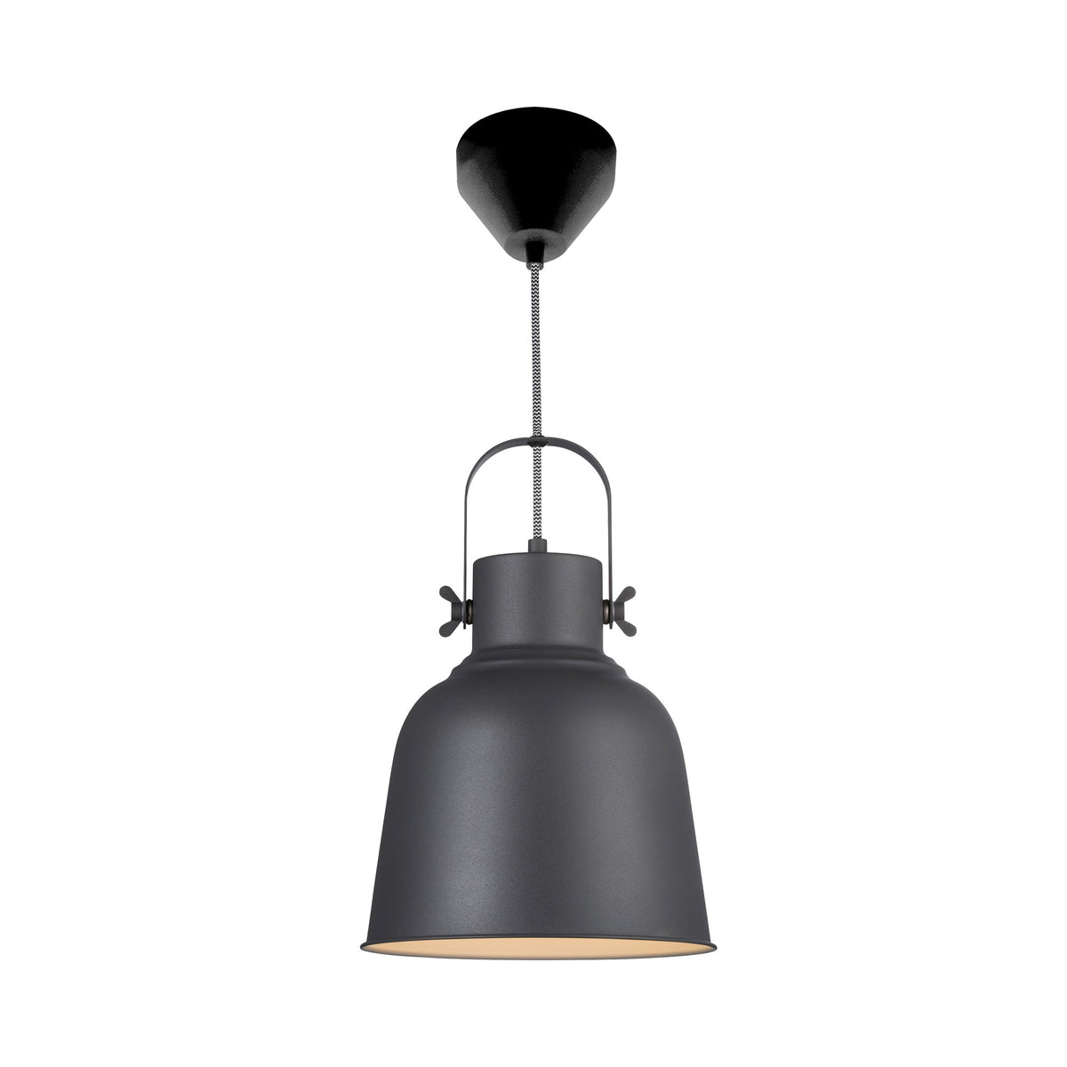 Suspension anthracite vue de face avec rosace, câble tressé et abat-jour métallique en cloche.