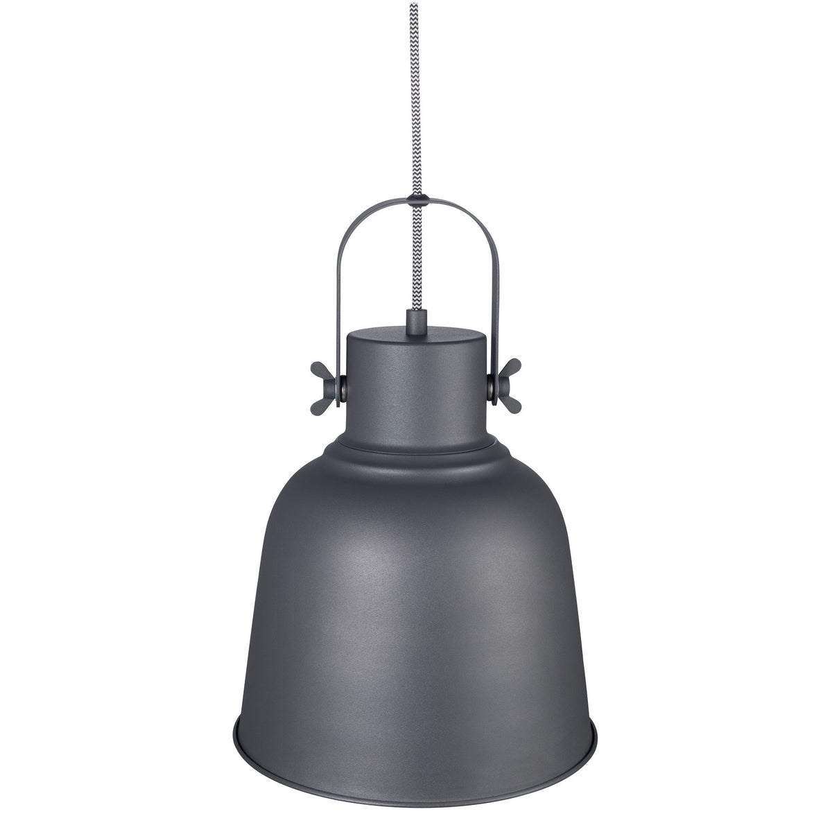 Détail du système de suspension et de la finition mate anthracite de la lampe.