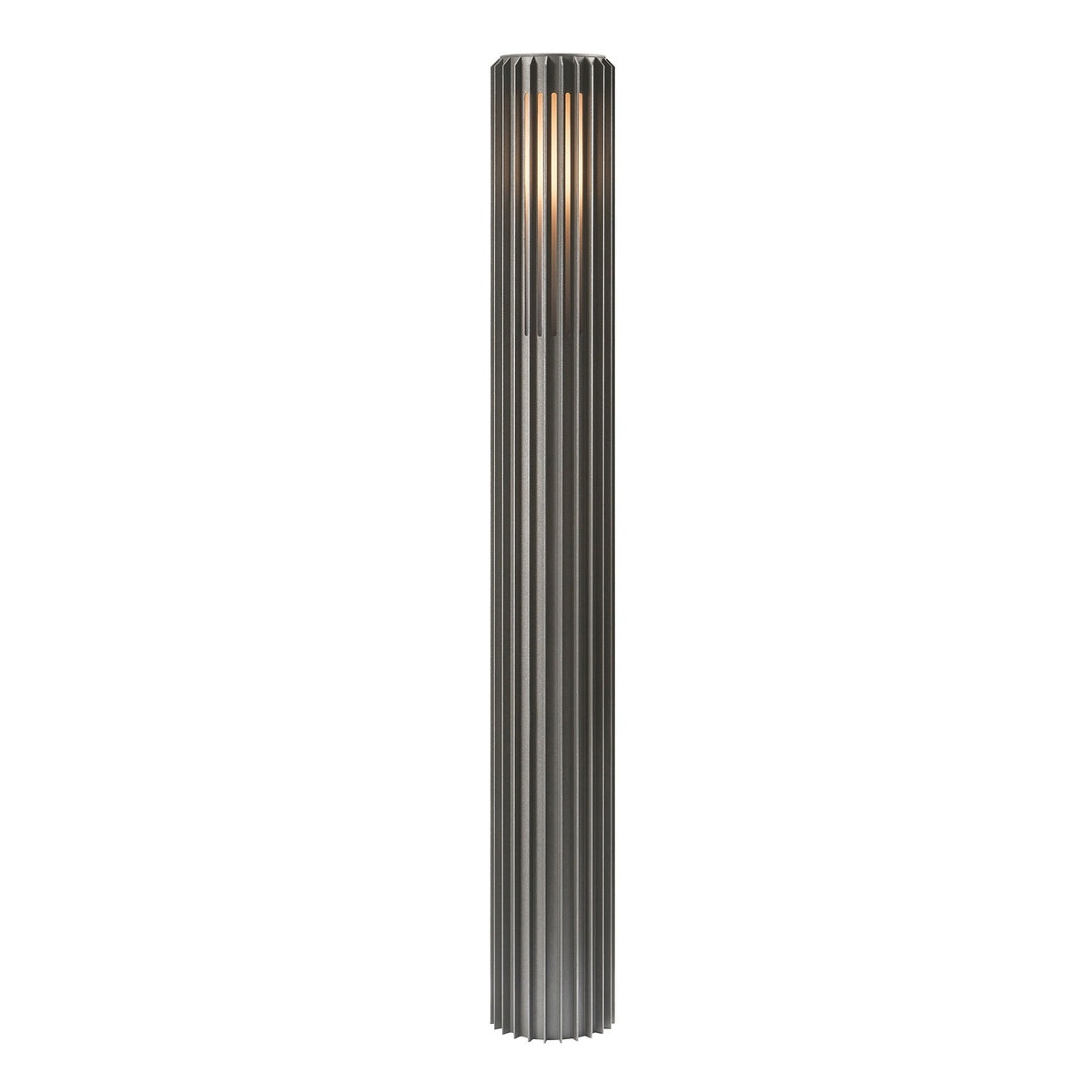 Borne lumineuse cylindrique anthracite nervurée, vue de face sur fond blanc studio