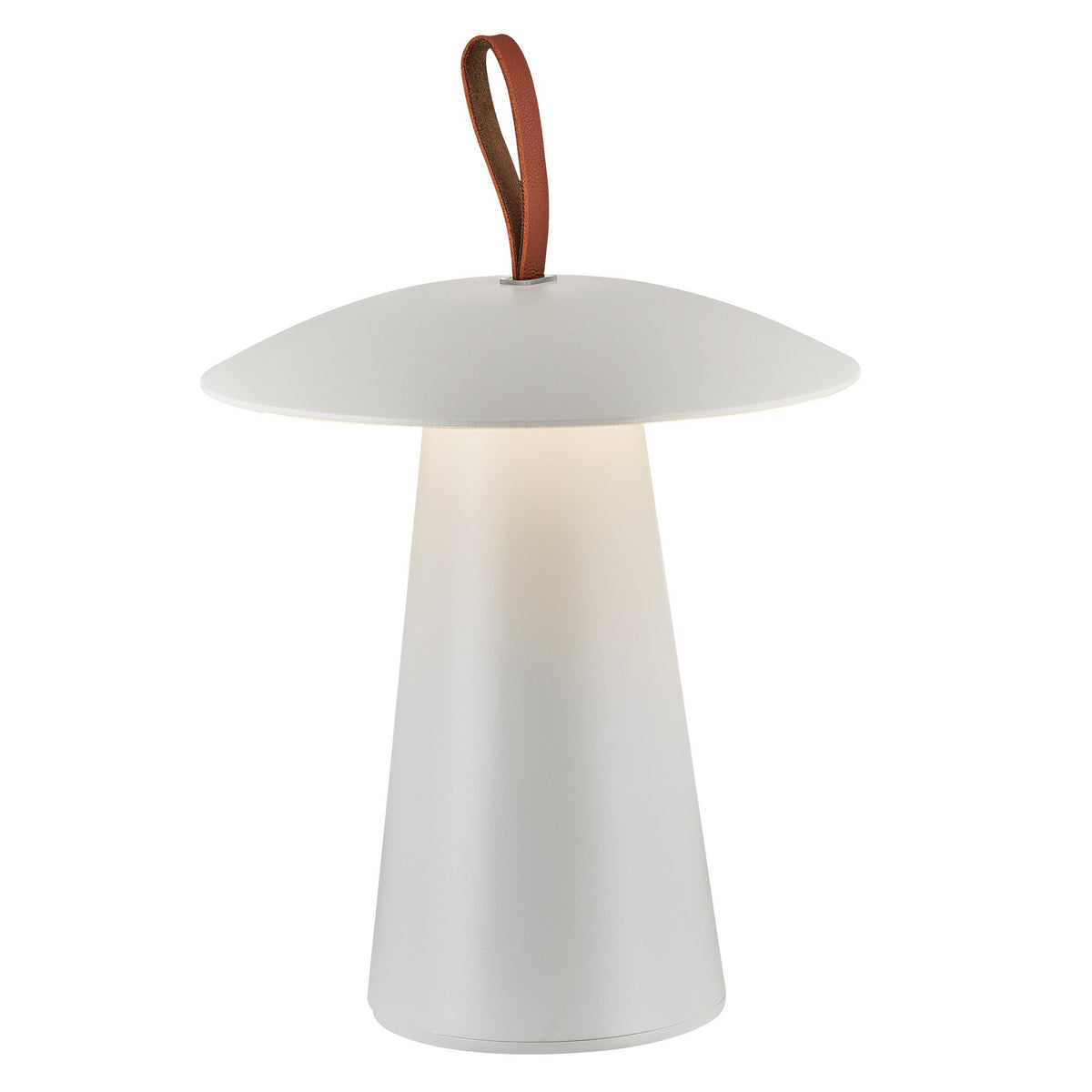 Lampe nomade blanche vue de face avec anse en cuir, fond blanc.