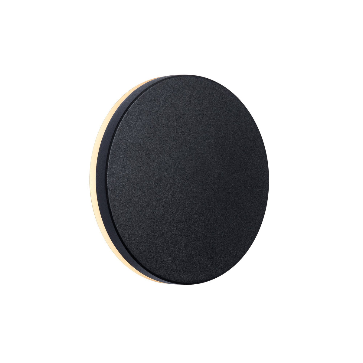 Vue de face du luminaire rond noir avec cerclage doré sur fond blanc