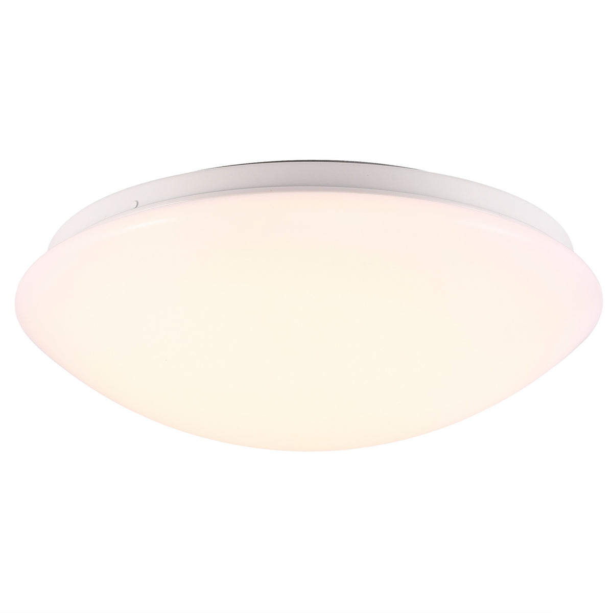 Plafonnier LED rond blanc, vue de face sur fond blanc, diffuseur bombé et fine base.