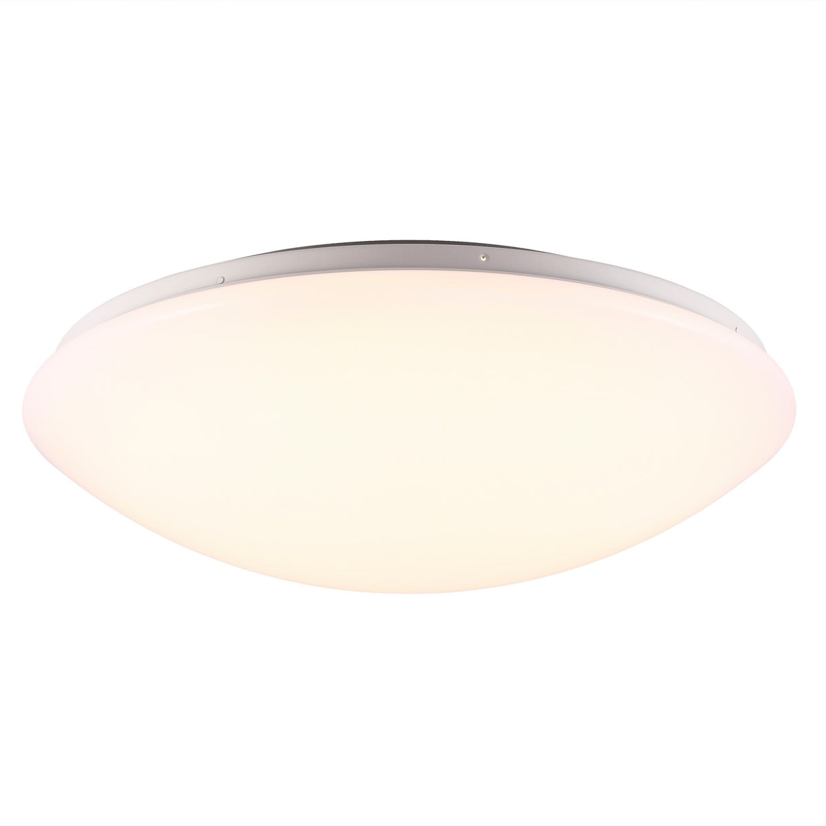 Plafonnier LED blanc rond, vue de dessous, diffuseur opalin et cerclage gris.