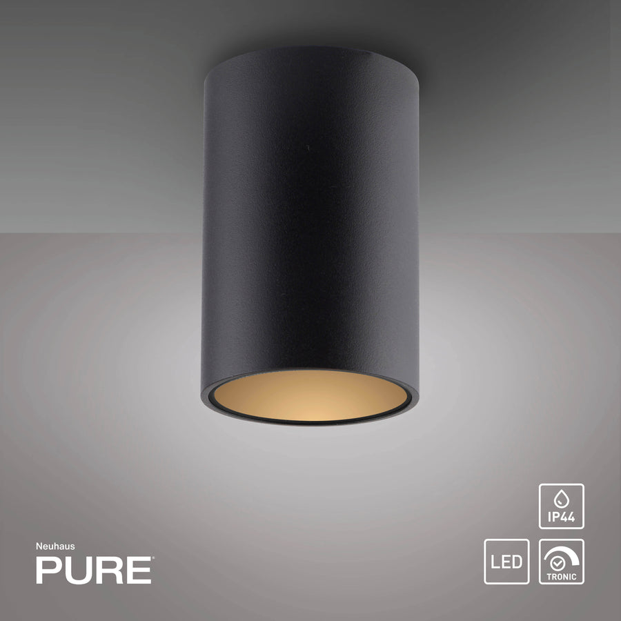 Plafonnier noir avec logo, icônes IP44, LED et détecteur TRONIC sur fond gris.