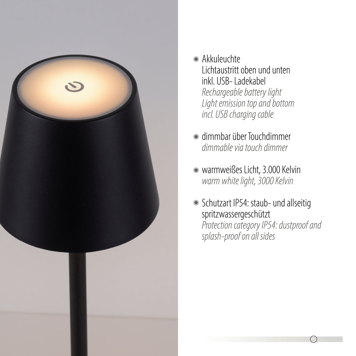 Gros plan du haut du lampadaire montrant le variateur tactile et la lumière chaude.