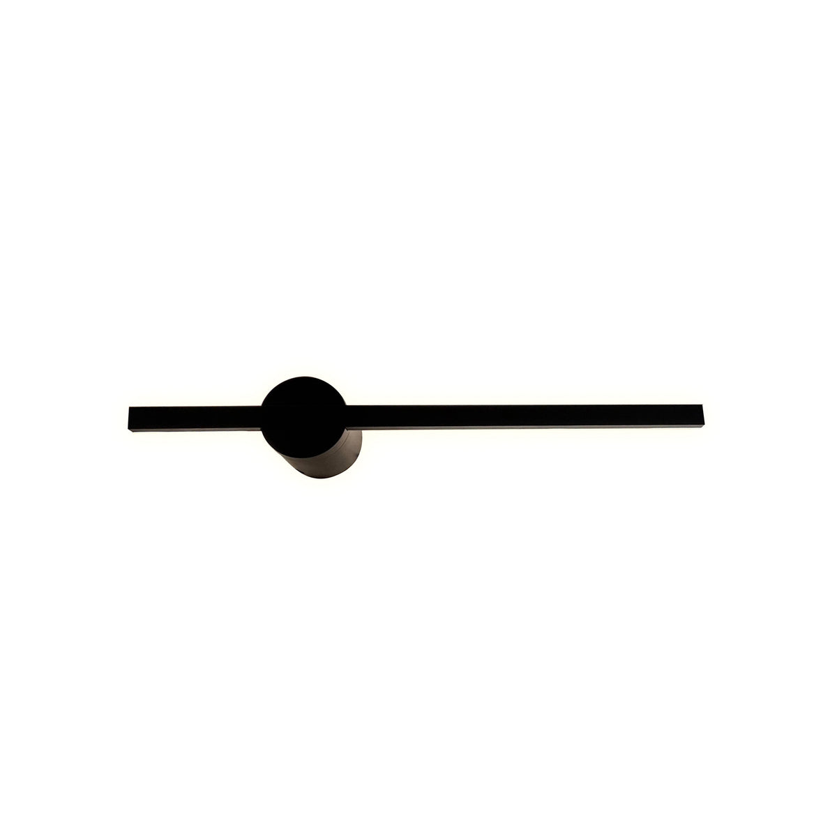 Vue de face d'une applique murale noire, barre horizontale et fixation centrale circulaire