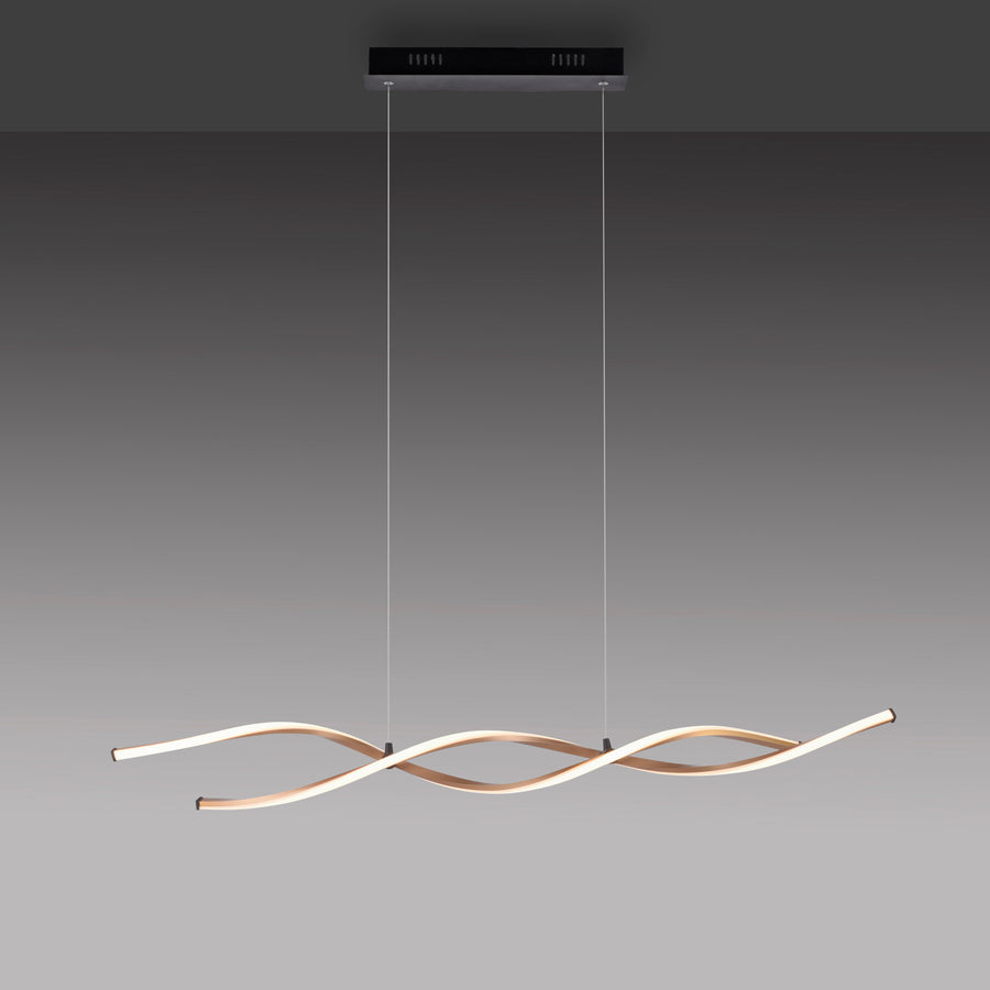 Vue de face de la suspension sur fond dégradé gris, montrant les deux tubes ondulés.
