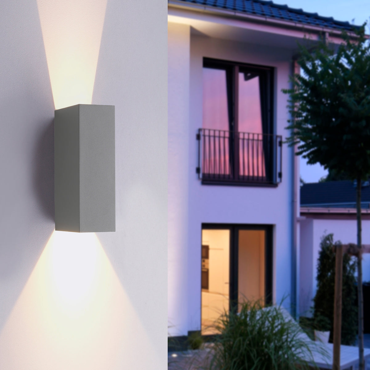 Mise en ambiance nocturne, applique murale éclairant la façade blanche d'une maison.