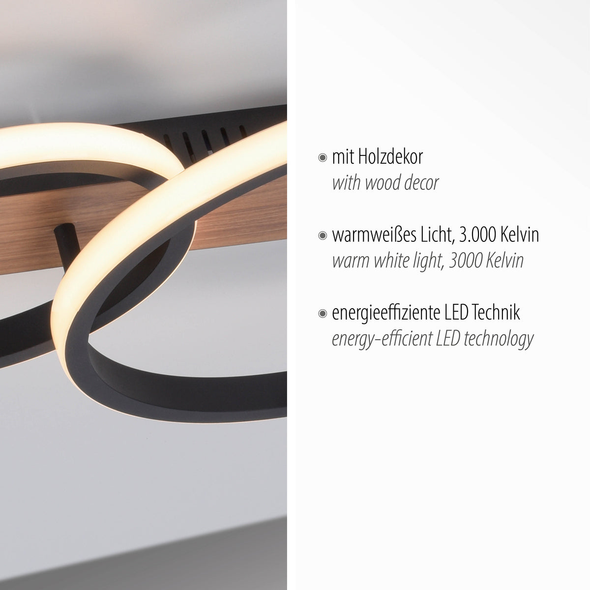 Détail bois et texte vantant lumière chaude LED 3000 K.