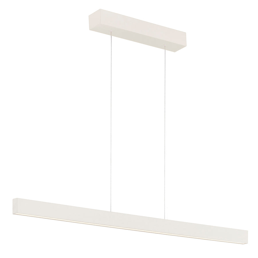 Luminaire blanc suspendu vu de face, barre rectangulaire allongée et deux câbles fins.