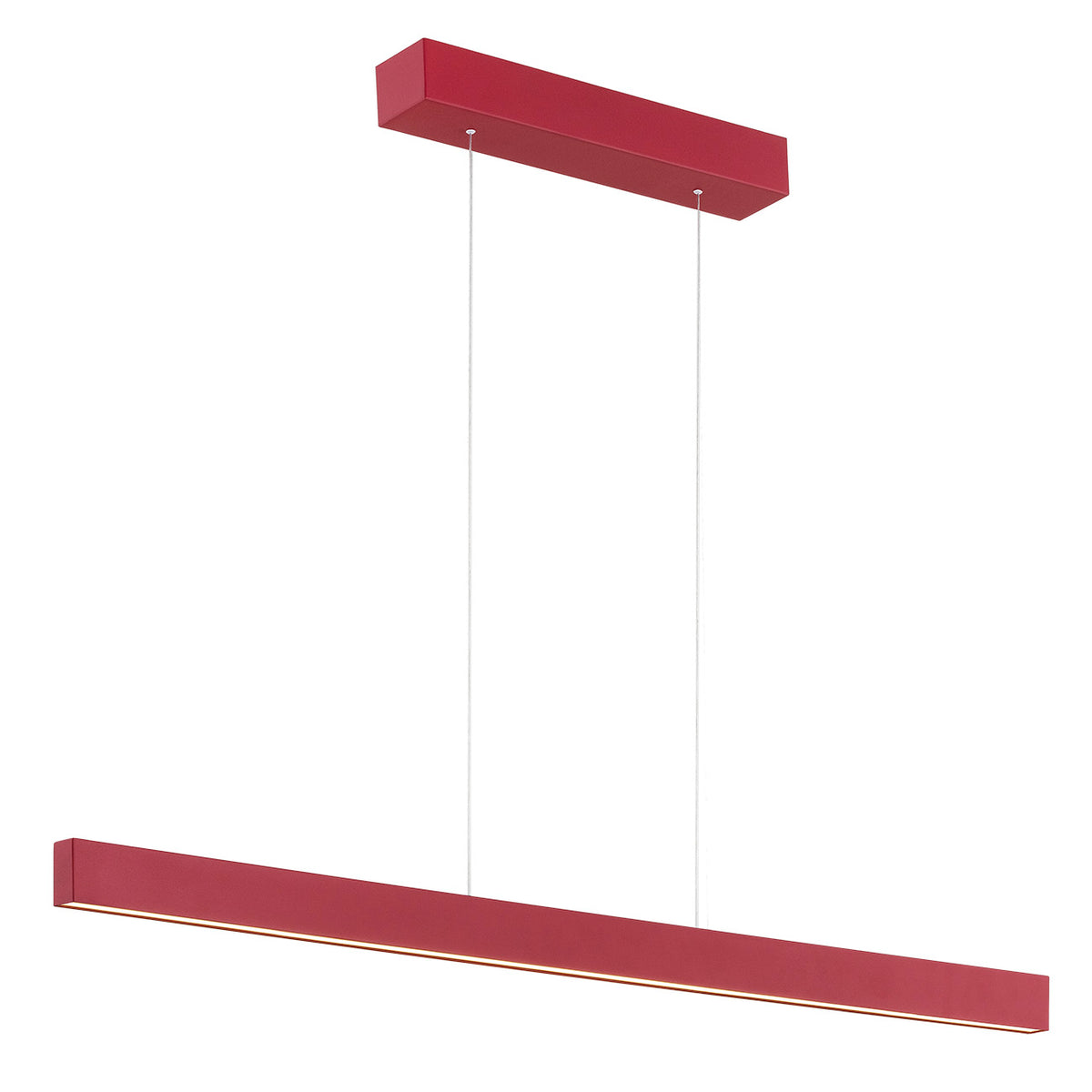 Version rouge du luminaire suspendu, barre rectangulaire et câbles fins sur fond blanc.