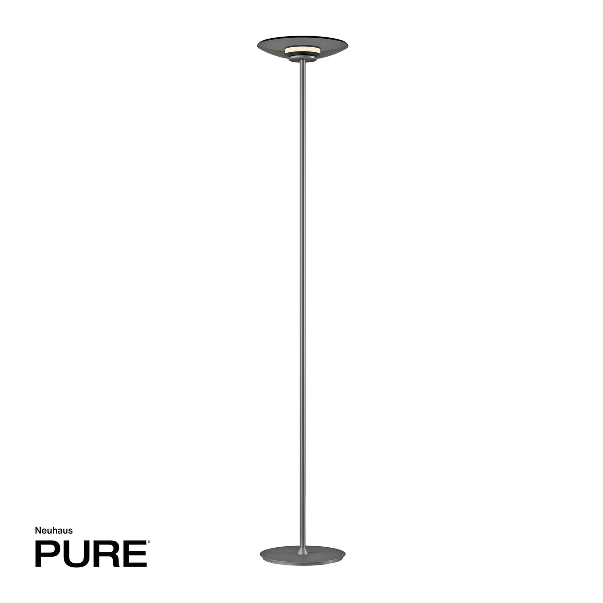 Lampadaire gris vu de face sur fond blanc, tige et socle ronds