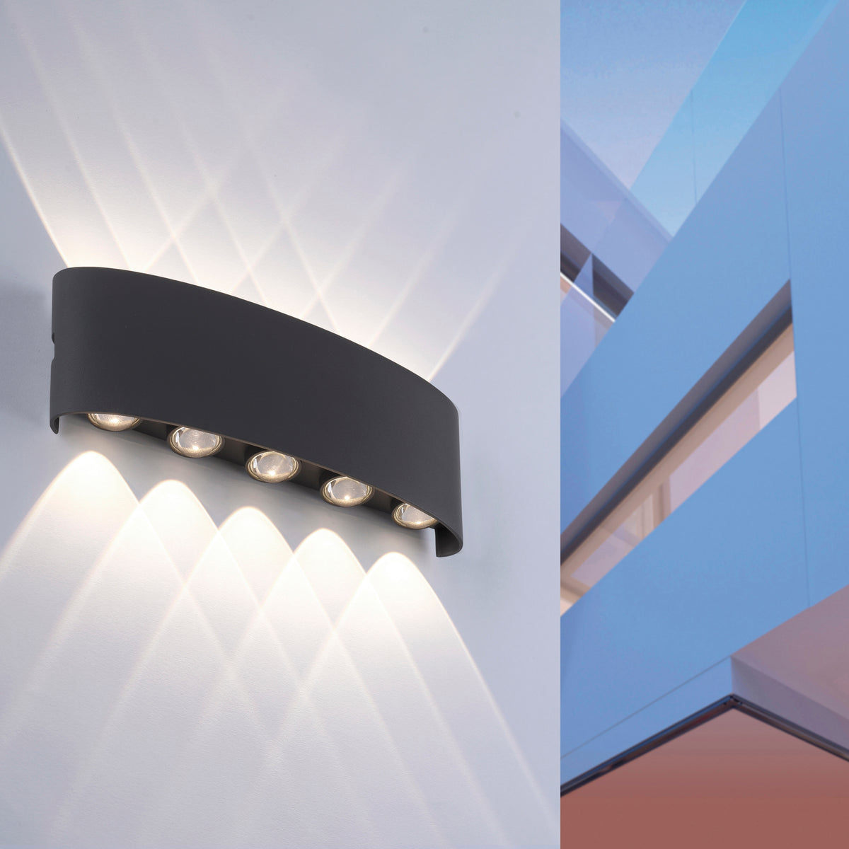 Mise en ambiance murale montrant les faisceaux lumineux vers le haut et le bas
