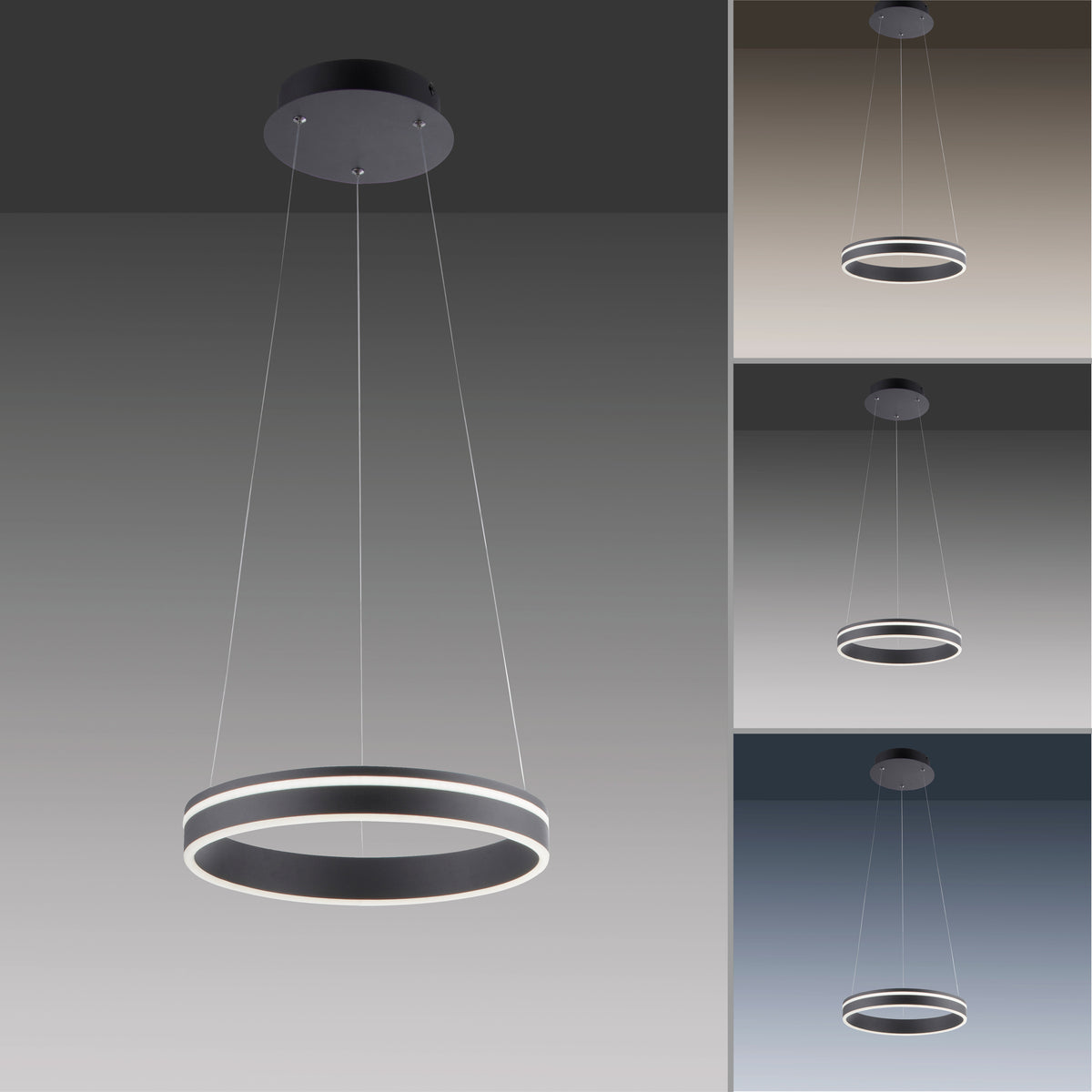 Composition de plusieurs vues du luminaire suspendu avec températures de couleur variées.