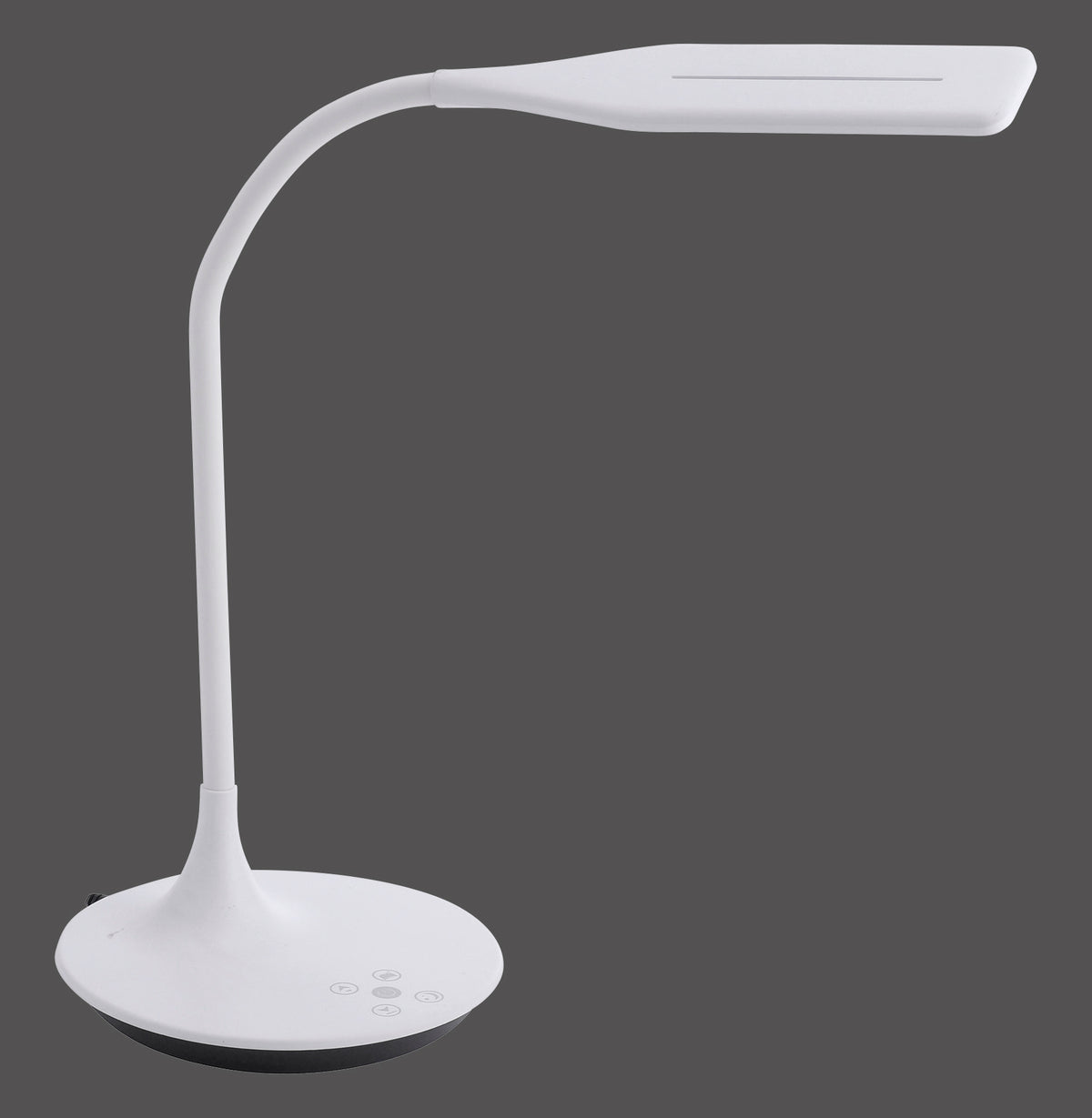 Lampe blanche de bureau, col flexible et tête plate, sur fond gris.