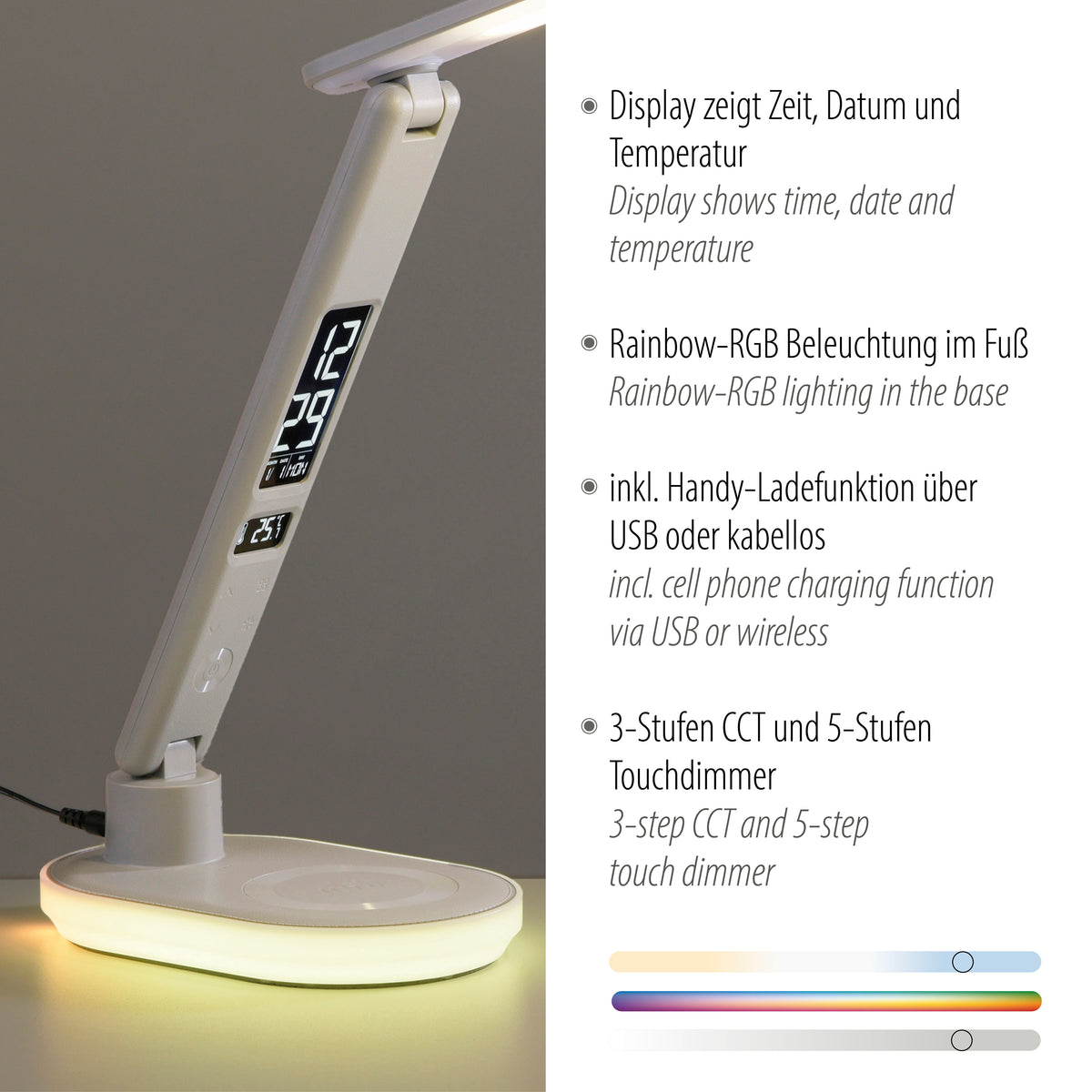 Détail du produit avec texte listant écran, éclairage RGB et charge sans fil.