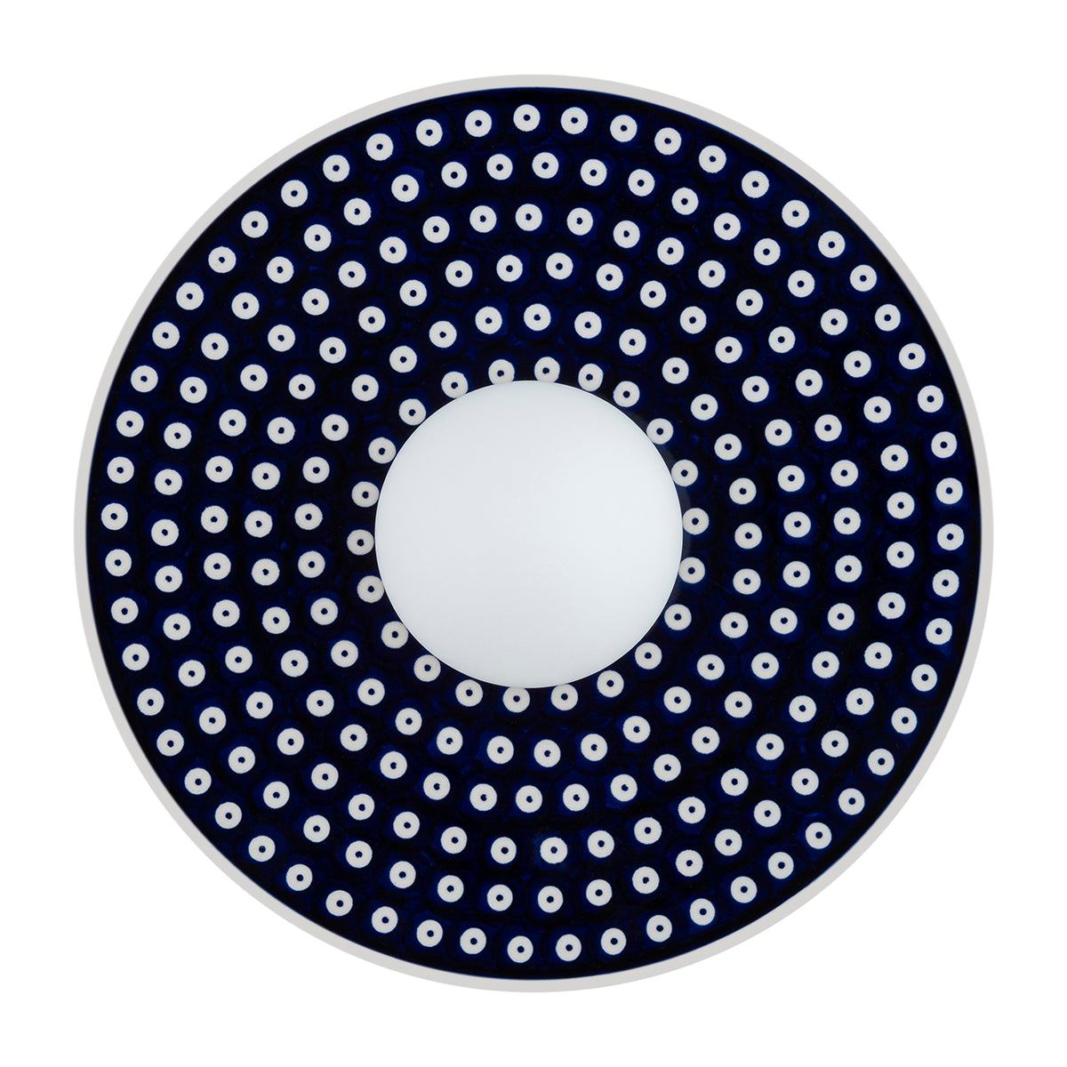 Vue frontale éteinte, globe blanc opaque centré sur platine ronde pointillée